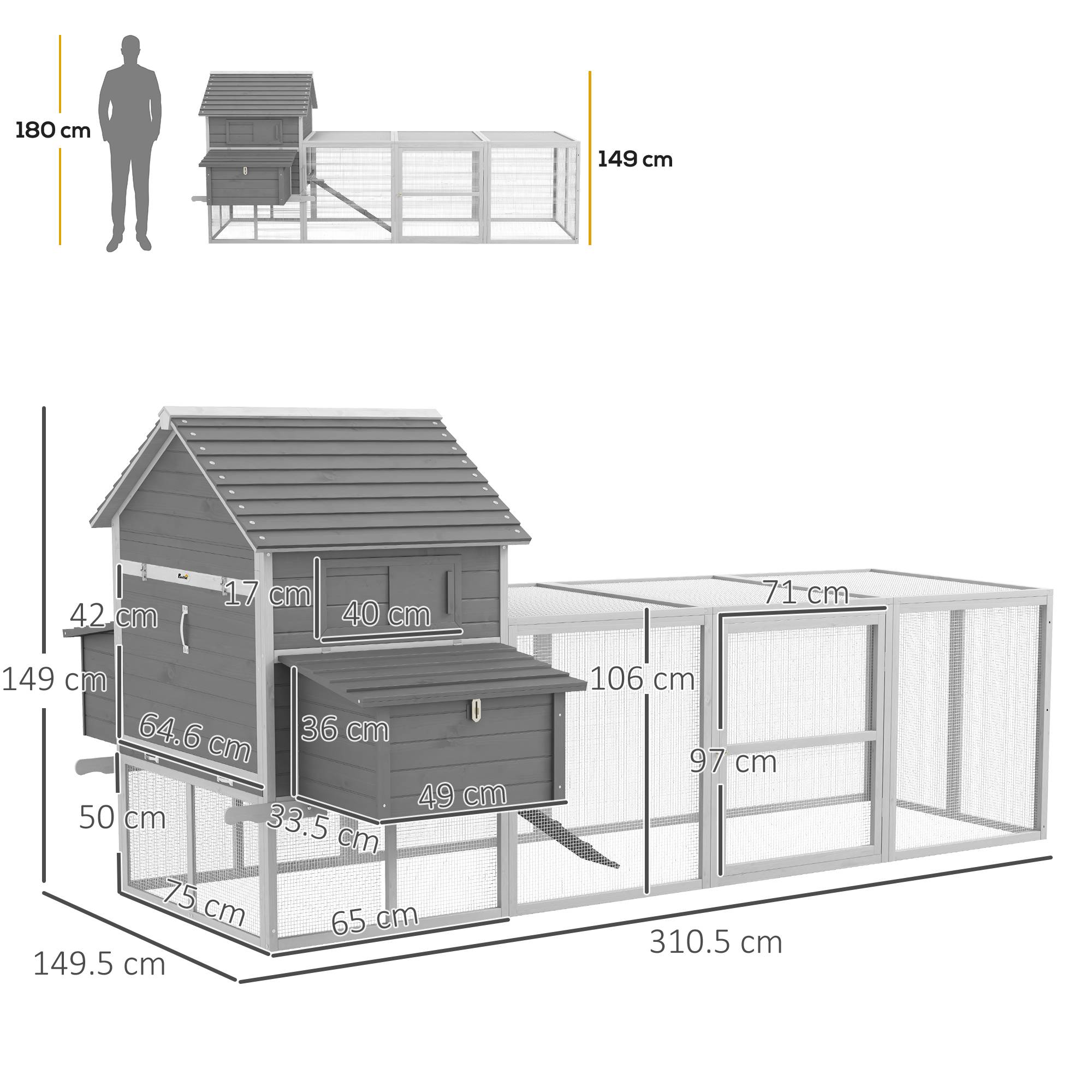Poulailler de jardin avec abri, rampe et espace ouvert, 310,5 x 149,5 x 149 cm, gris - Image 5