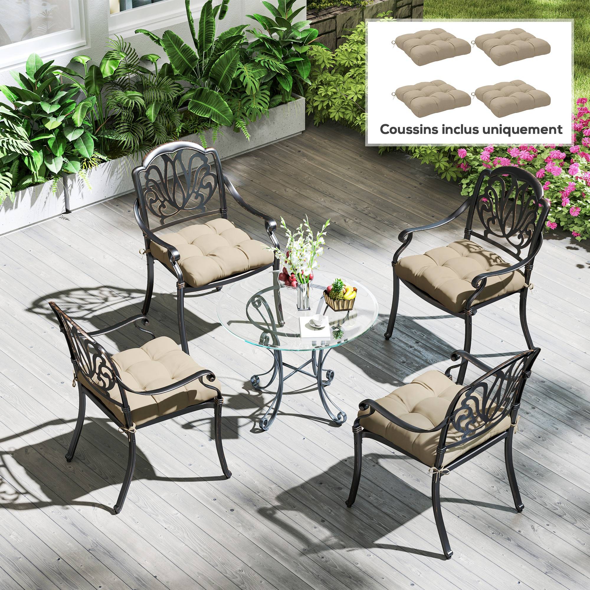 Lot de 4 coussins chaise jardin tissu extérieur assise capitonnée 48x48 cm kaki - ComfortXL Outdoor Living - Image 3