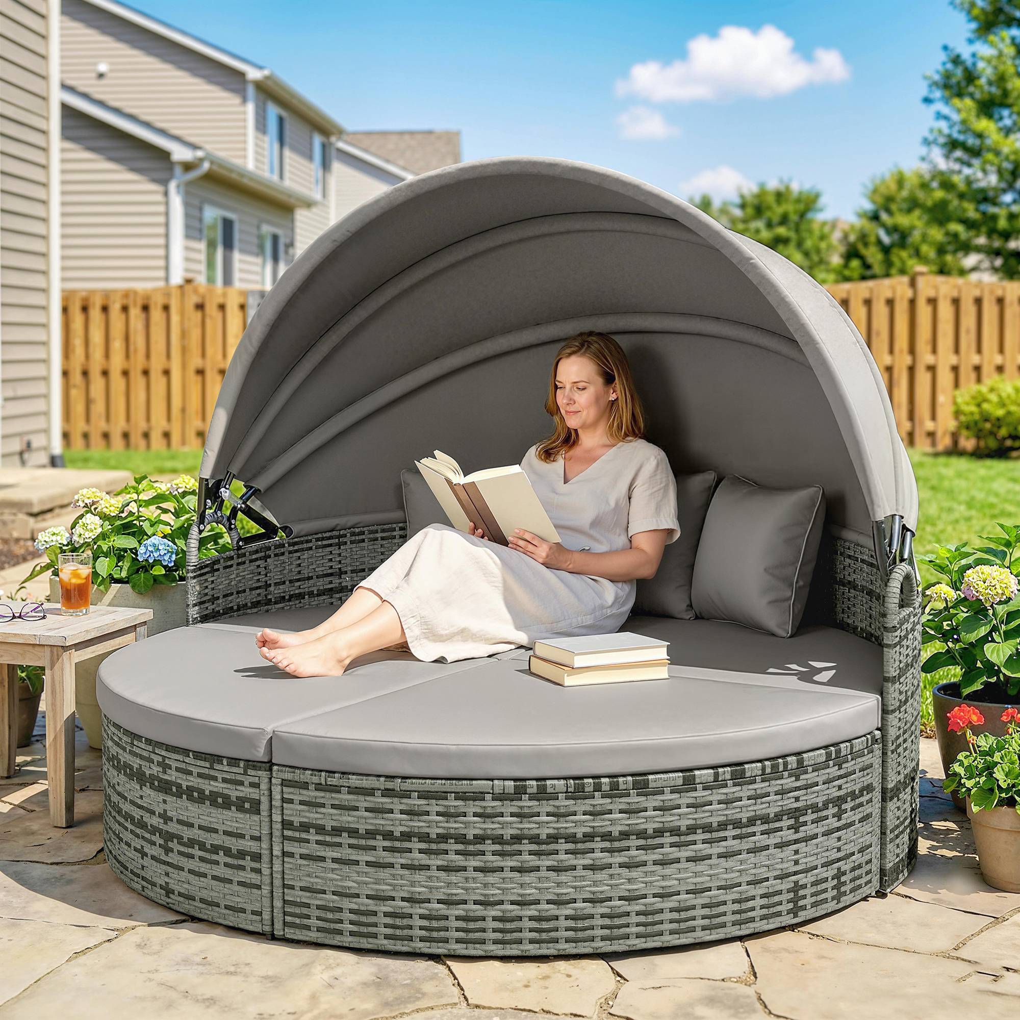Maison Chic - 3PCS Bain de soleil rond, tansat modulable - 180x175x146cm Résine tressée Gris clair fr33 - Image 4
