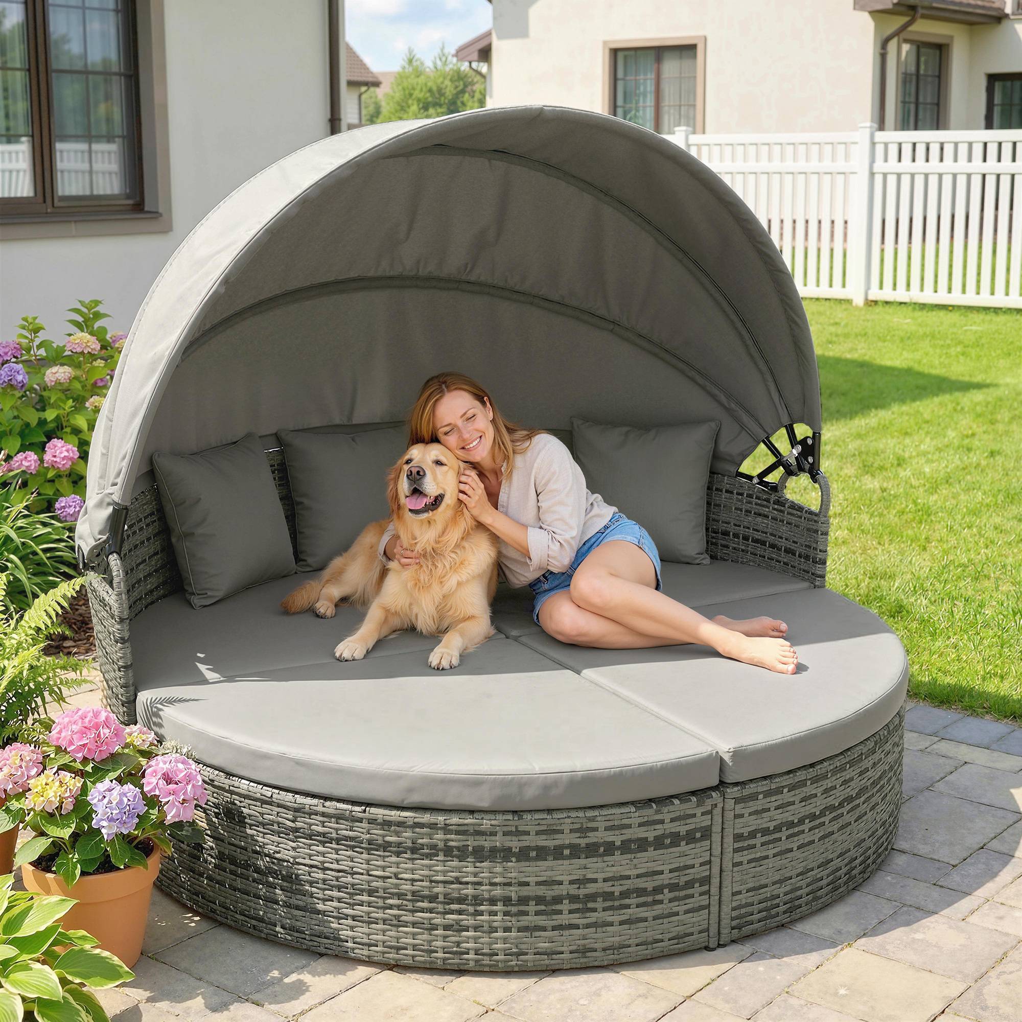 Maison Chic - 3PCS Bain de soleil rond, tansat modulable - 180x175x146cm Résine tressée Gris clair fr33 - Image 3