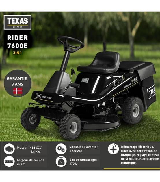 Tondeuse autoportée rider thermique 76 cm, moteur 432 cc, mulching + éjection - TEXAS Rider 7600E - Image 9