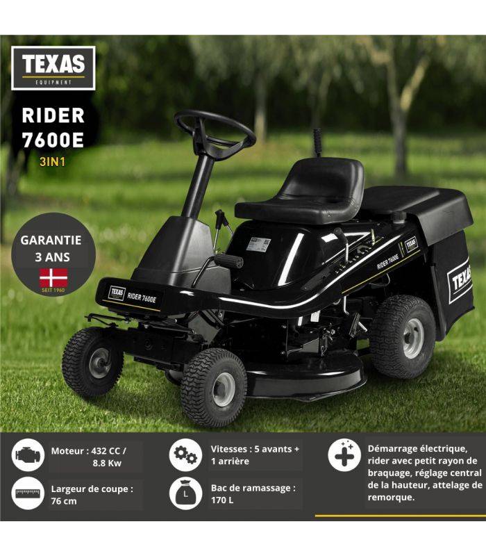 Tondeuse autoportée rider thermique 76 cm, moteur 432 cc, mulching + éjection - TEXAS Rider 7600E - Image 9