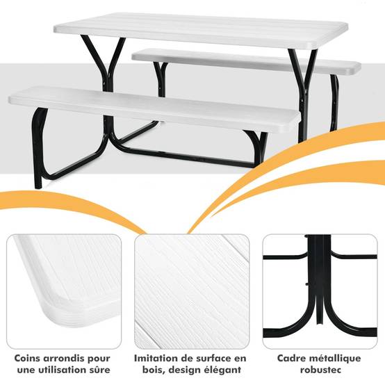 Table de Jardin avec 2 Banc Table de Pique-Nique/Camping pour 4 à 6 Personnes 137 x 150 x 71cm Blanc - Image 6