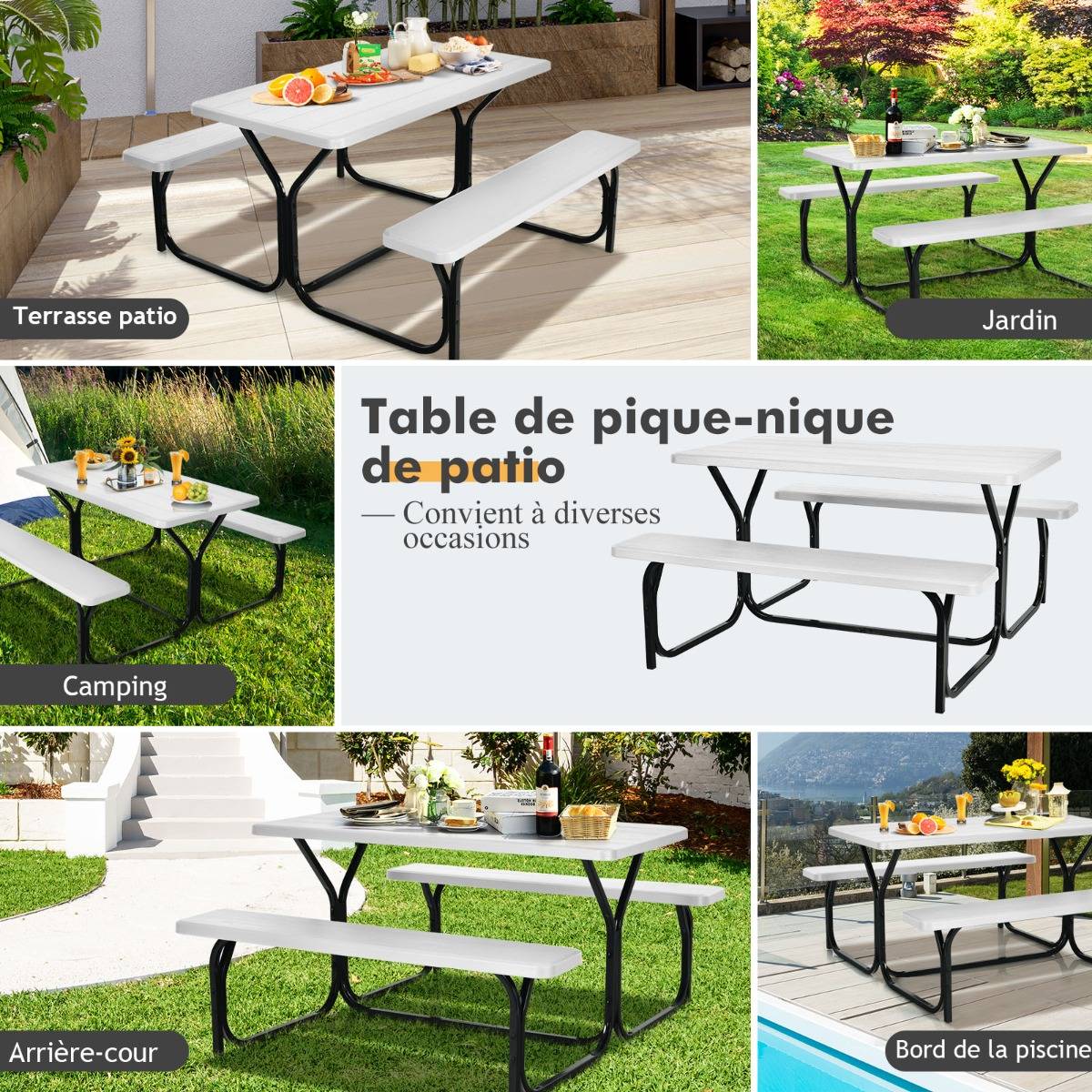 Table de Jardin avec 2 Banc Table de Pique-Nique/Camping pour 4 à 6 Personnes 137 x 150 x 71cm Blanc - Image 9