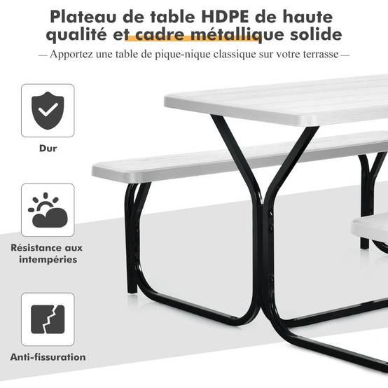 Table de Jardin avec 2 Banc Table de Pique-Nique/Camping pour 4 à 6 Personnes 137 x 150 x 71cm Blanc - Image 8