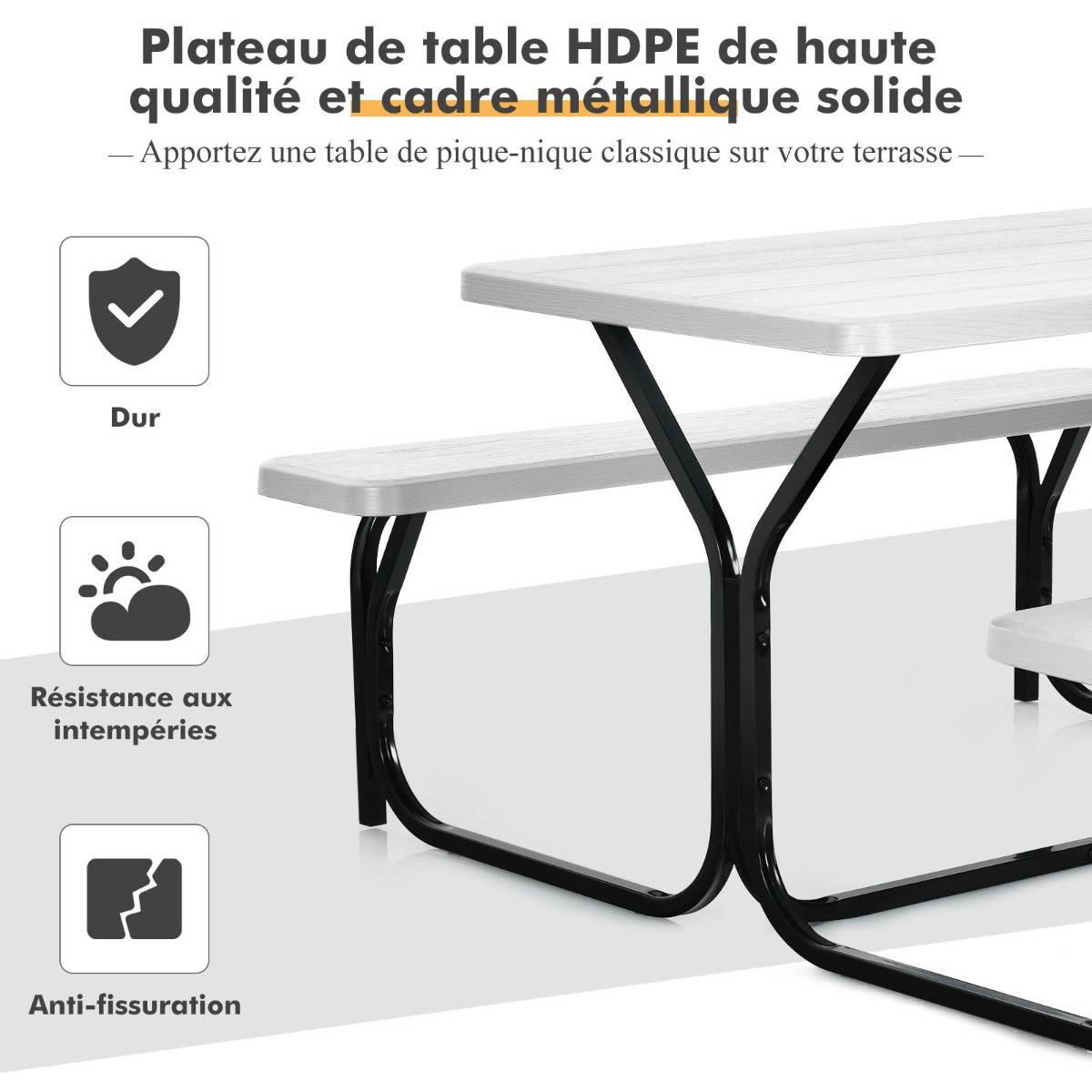 Table de Jardin avec 2 Banc Table de Pique-Nique/Camping pour 4 à 6 Personnes 137 x 150 x 71cm Blanc - Image 8