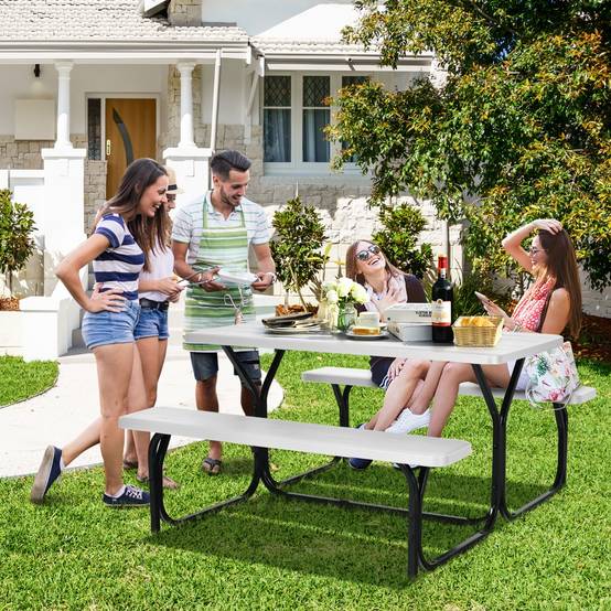 Table de Jardin avec 2 Banc Table de Pique-Nique/Camping pour 4 à 6 Personnes 137 x 150 x 71cm Blanc - Image 2