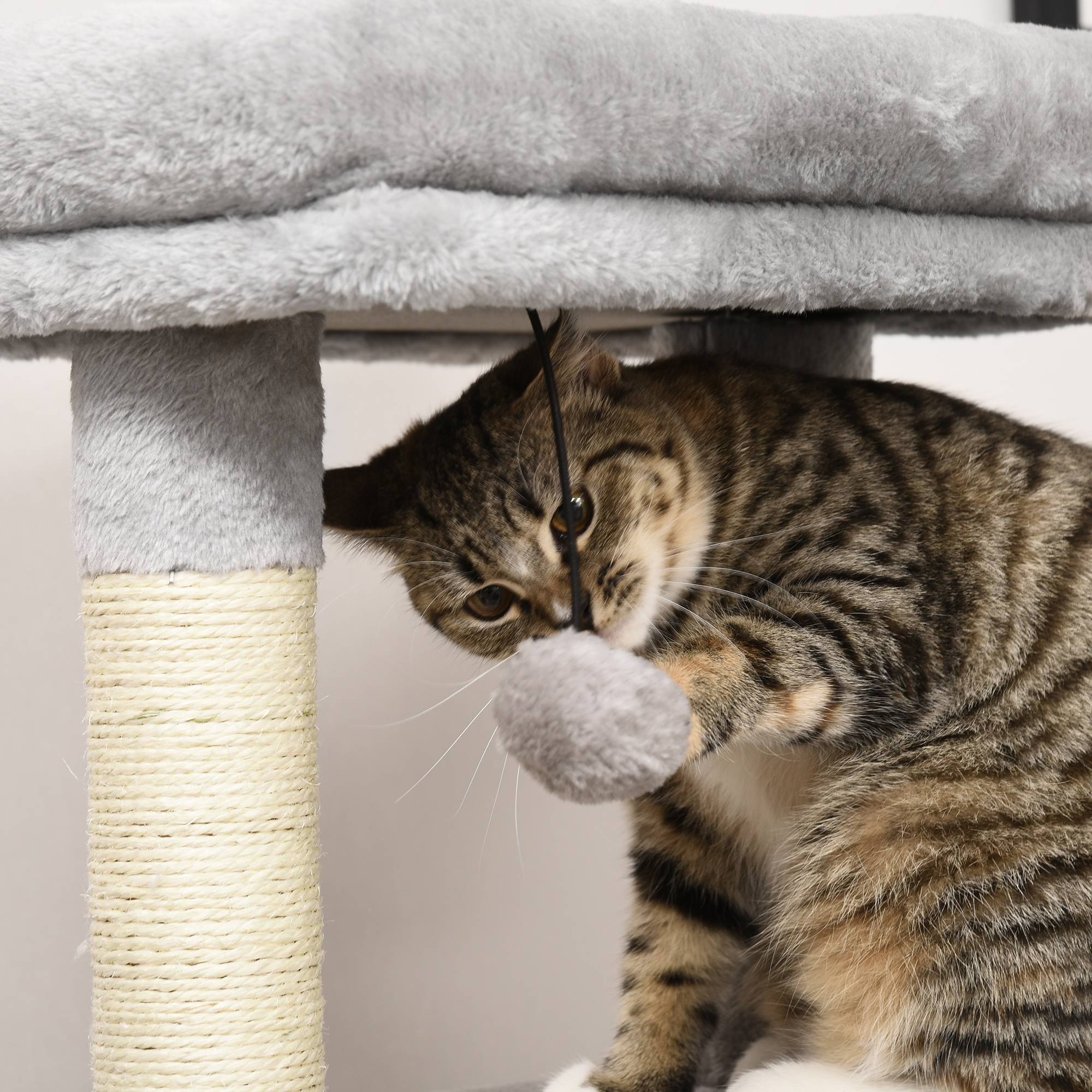 Pawhut - Arbre à chat griffoirs sisal naturel et massant grande niche plateforme panier jeu boule suspendue peluche gris - Imagen 7