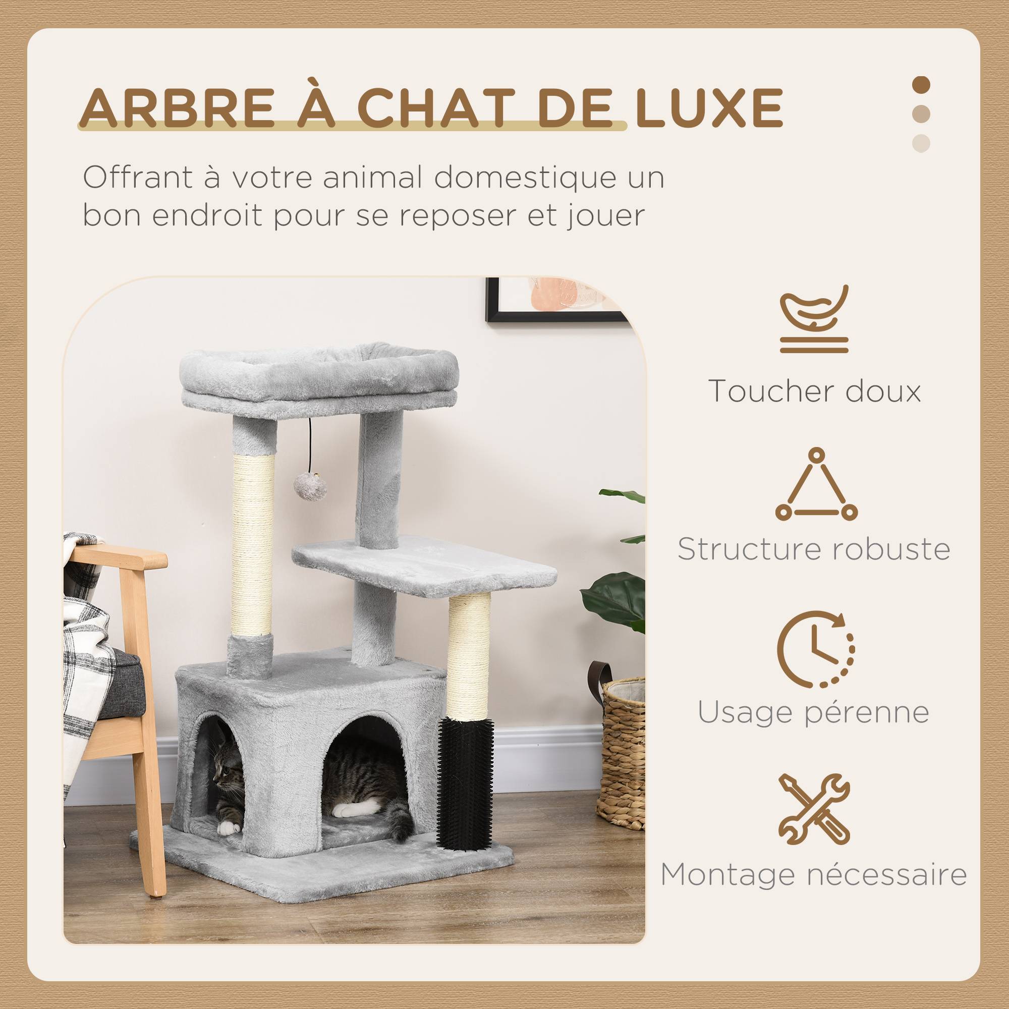 Pawhut - Arbre à chat griffoirs sisal naturel et massant grande niche plateforme panier jeu boule suspendue peluche gris - Imagen 4