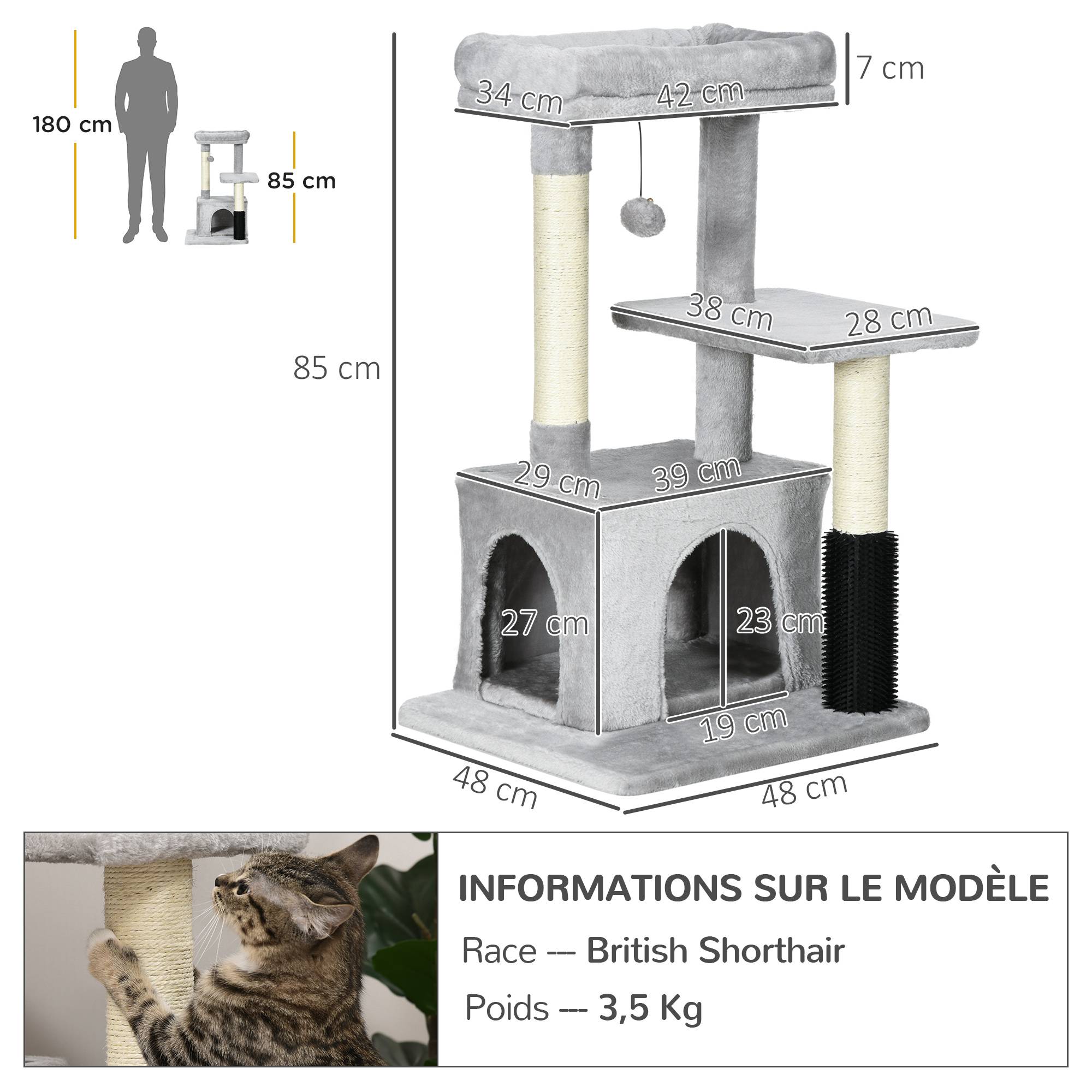 Pawhut - Arbre à chat griffoirs sisal naturel et massant grande niche plateforme panier jeu boule suspendue peluche gris - Imagen 3