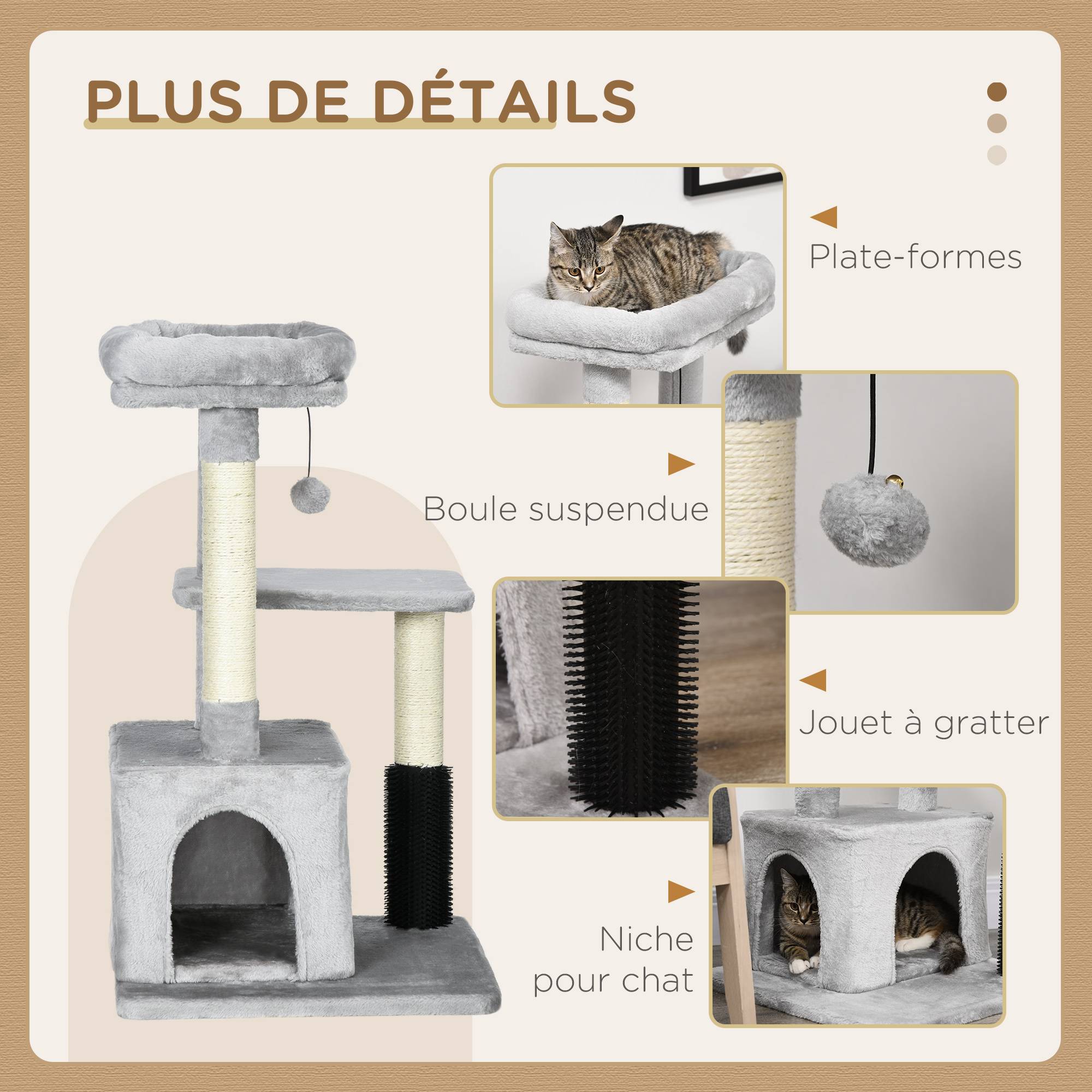 Pawhut - Arbre à chat griffoirs sisal naturel et massant grande niche plateforme panier jeu boule suspendue peluche gris - Imagen 5