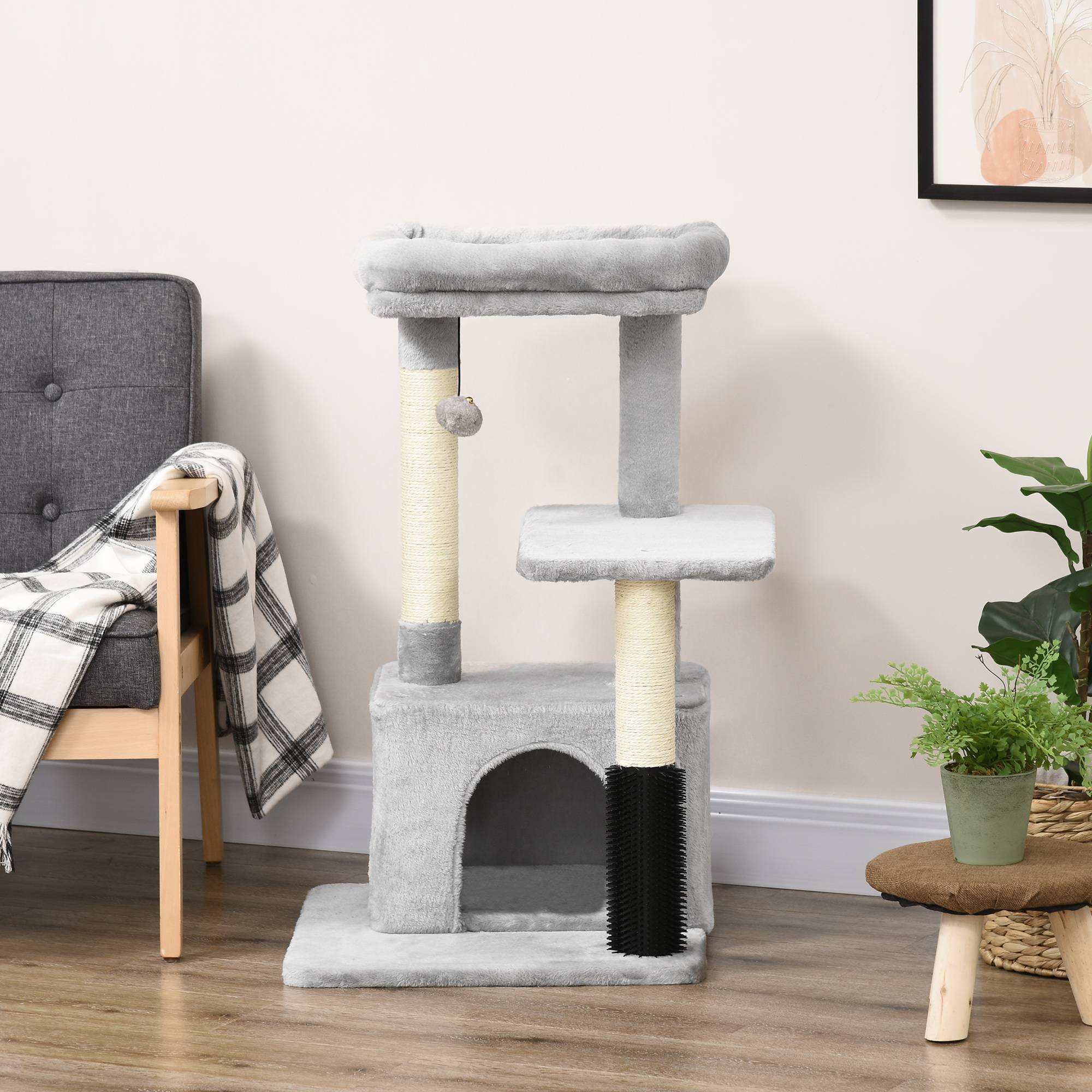 Pawhut - Arbre à chat griffoirs sisal naturel et massant grande niche plateforme panier jeu boule suspendue peluche gris - Imagen 8