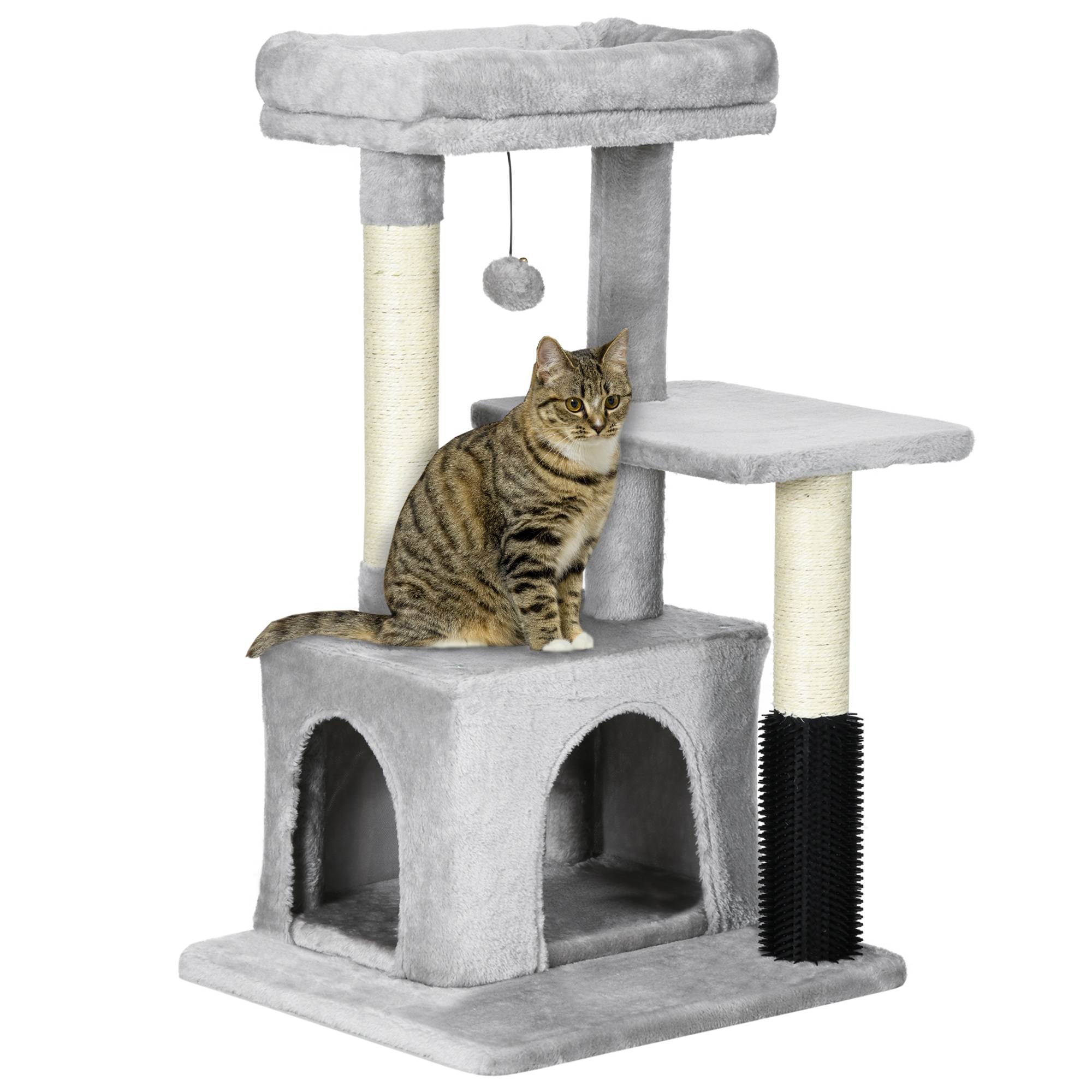 Pawhut - Arbre à chat griffoirs sisal naturel et massant grande niche plateforme panier jeu boule suspendue peluche gris - Imagen 1