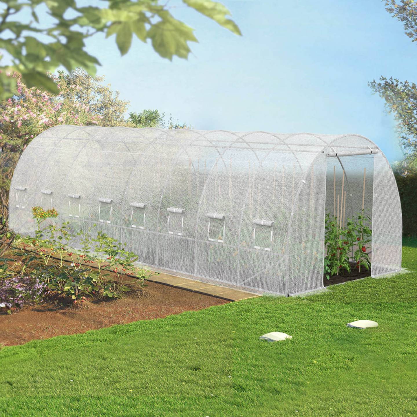 IDMARKET - Serre de jardin tunnel 24m² 8 x 3 x 2 m acier galvanisé + bâche anti-UV avec porte et fenêtres DES ANDES blanche - Image 1