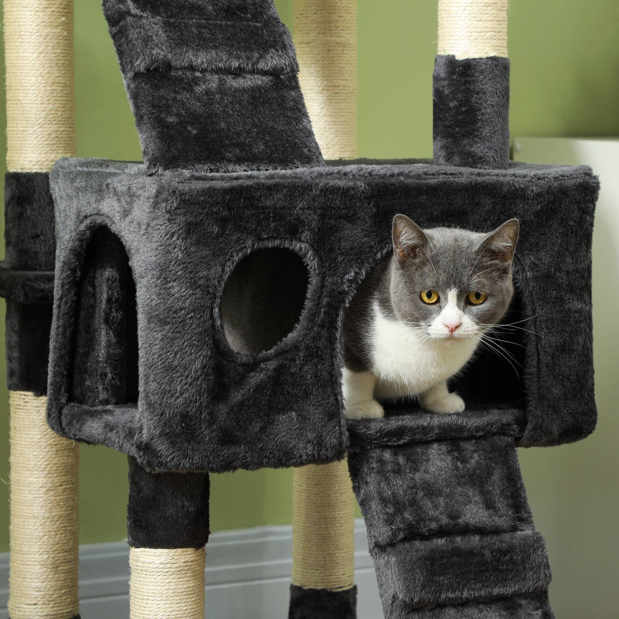 Arbre à chat XXL multi-niveaux avec grotte et échelle, gris, dimensions 50x50x170cm - Image 7