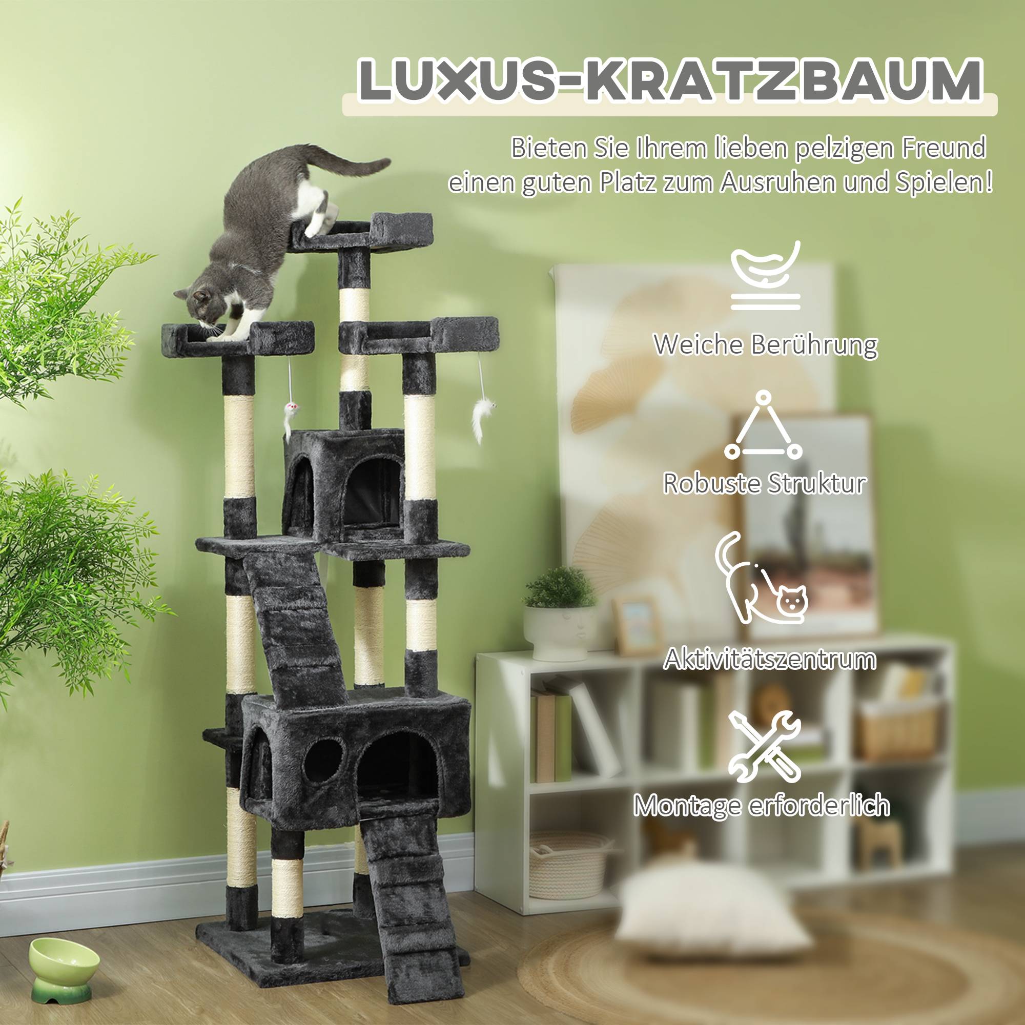 Arbre à chat XXL multi-niveaux avec grotte et échelle, gris, dimensions 50x50x170cm - Image 4