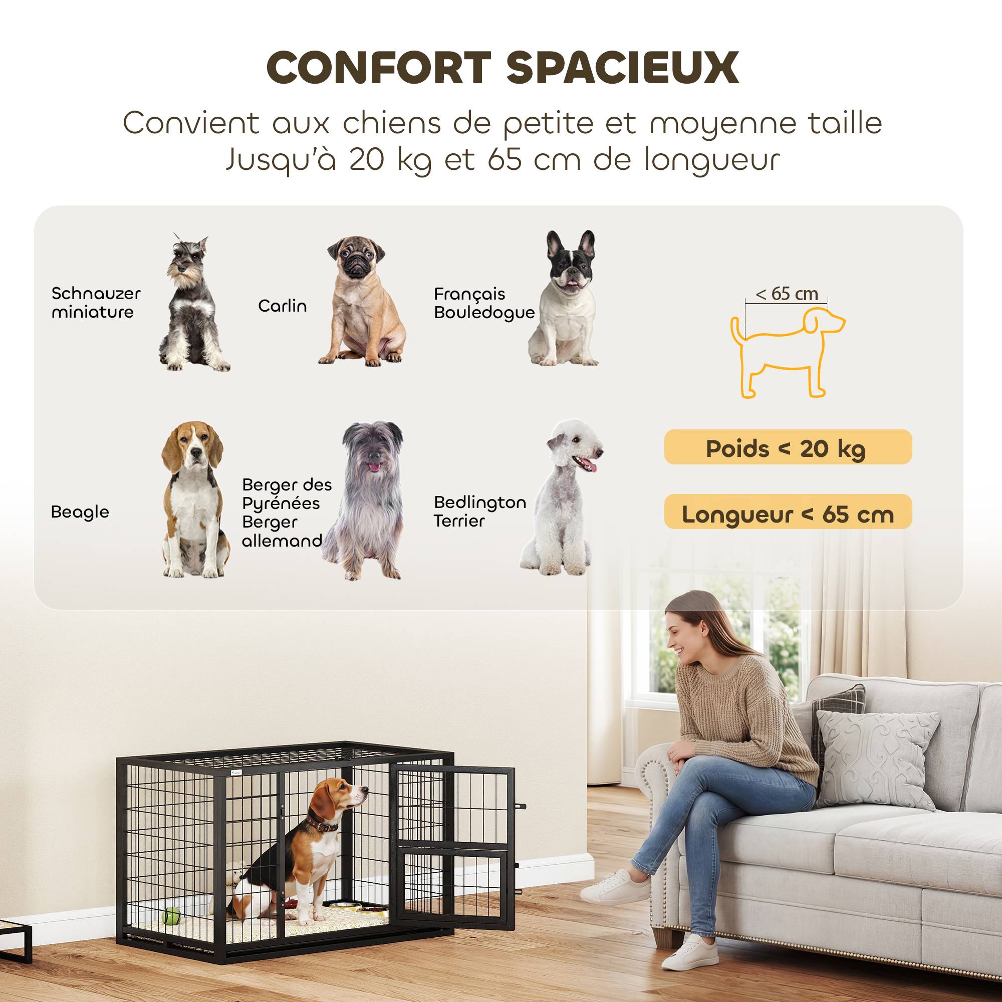 Cage chien robuste acier intérieur porte nourrissage plateau amovible 94x60x64cm noir - ComfortXL Outdoor Living - Image 10