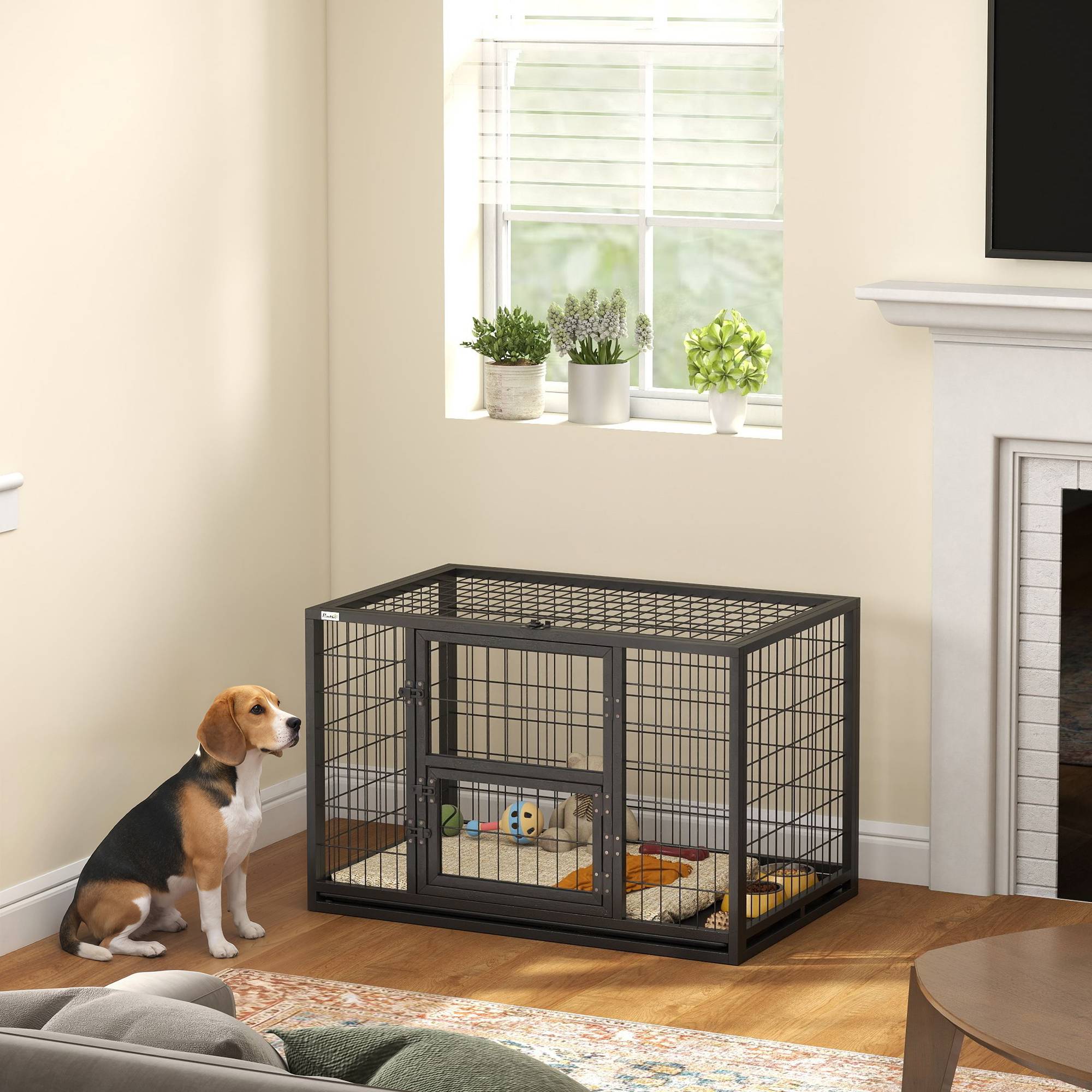 Cage chien robuste acier intérieur porte nourrissage plateau amovible 94x60x64cm noir - ComfortXL Outdoor Living - Image 4
