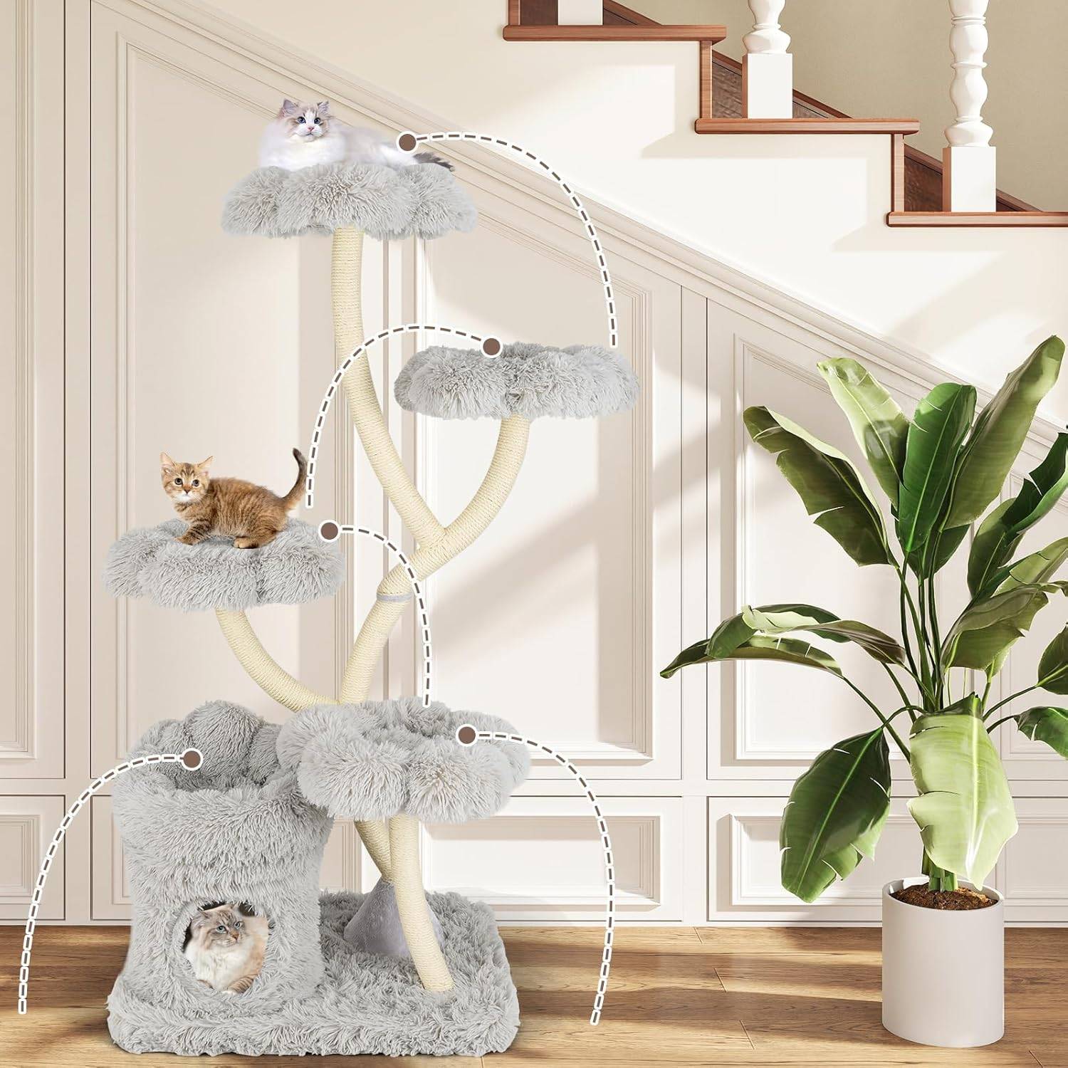 Arbre à Chat XXL 165 cm, Arbre a Chat Maine Coon, 5 Plateformes,Arbre a Chat Bois, Tubes de Support en Métal, 76x59×165 cm (Gris) - Image 4