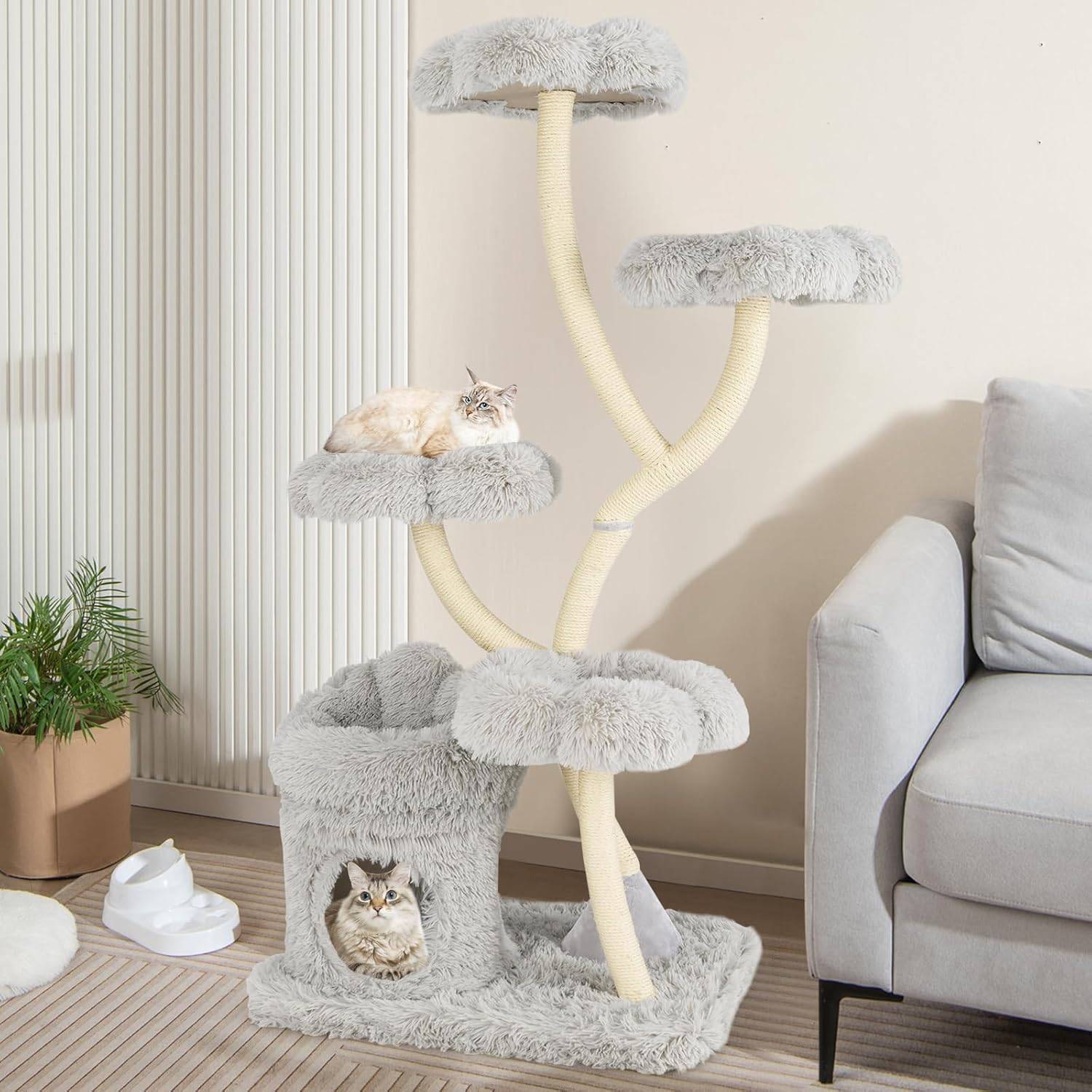 Arbre à Chat XXL 165 cm, Arbre a Chat Maine Coon, 5 Plateformes,Arbre a Chat Bois, Tubes de Support en Métal, 76x59×165 cm (Gris) - Image 3