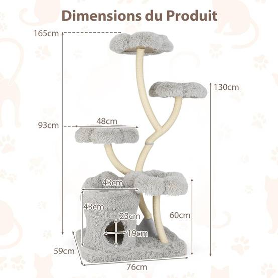 Arbre à Chat XXL 165 cm, Arbre a Chat Maine Coon, 5 Plateformes,Arbre a Chat Bois, Tubes de Support en Métal, 76x59×165 cm (Gris) - Image 5