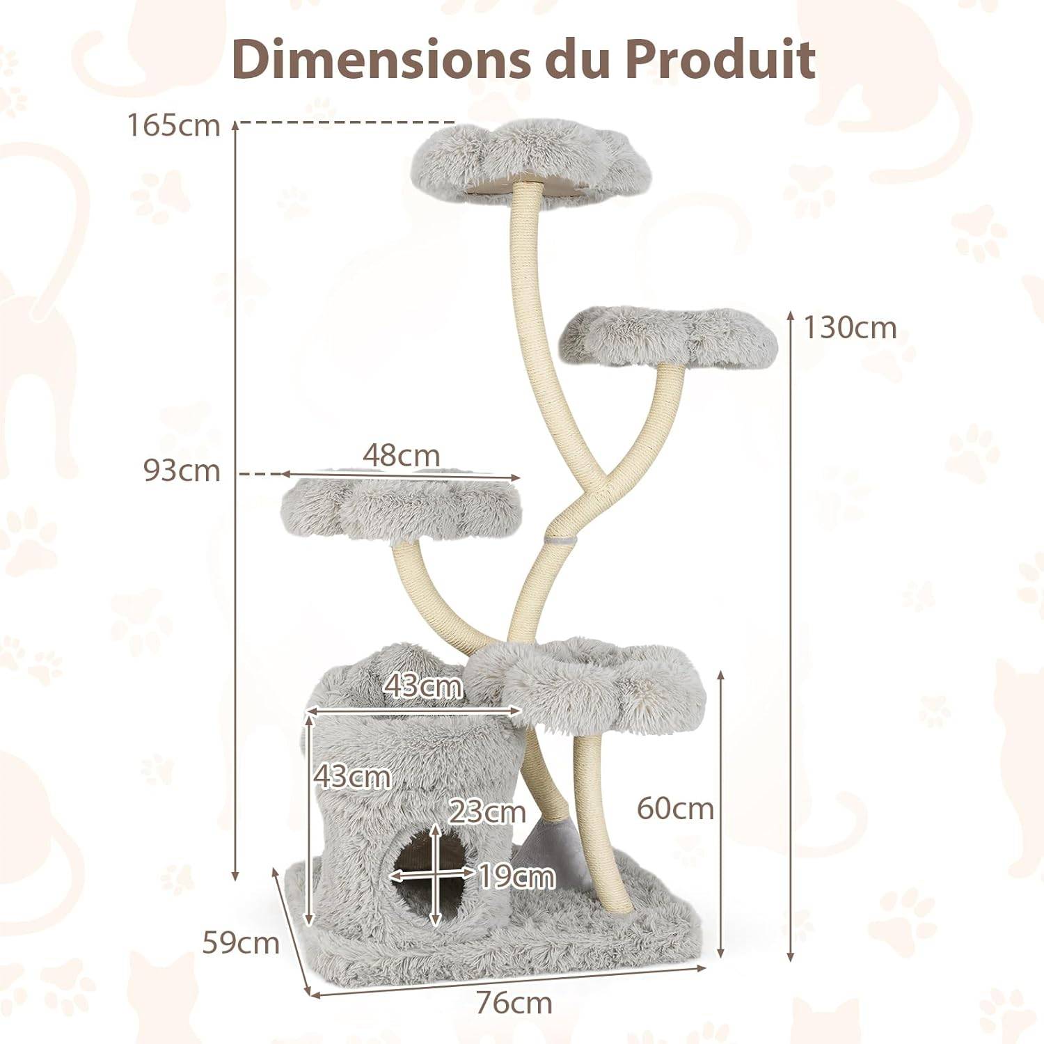 Arbre à Chat XXL 165 cm, Arbre a Chat Maine Coon, 5 Plateformes,Arbre a Chat Bois, Tubes de Support en Métal, 76x59×165 cm (Gris) - Image 5