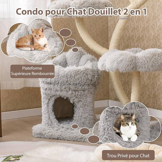 Arbre à Chat XXL 165 cm, Arbre a Chat Maine Coon, 5 Plateformes,Arbre a Chat Bois, Tubes de Support en Métal, 76x59×165 cm (Gris) - Image 6