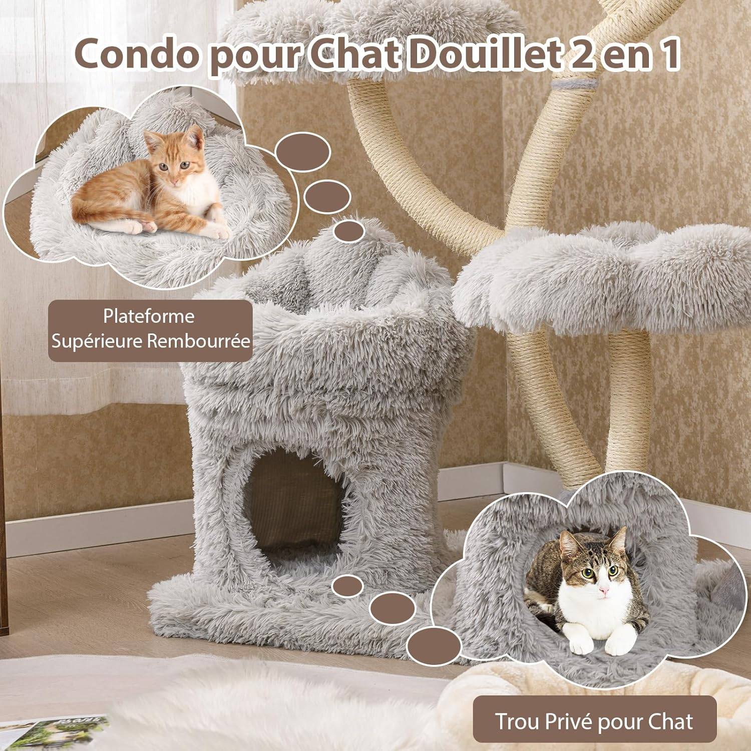 Arbre à Chat XXL 165 cm, Arbre a Chat Maine Coon, 5 Plateformes,Arbre a Chat Bois, Tubes de Support en Métal, 76x59×165 cm (Gris) - Image 6