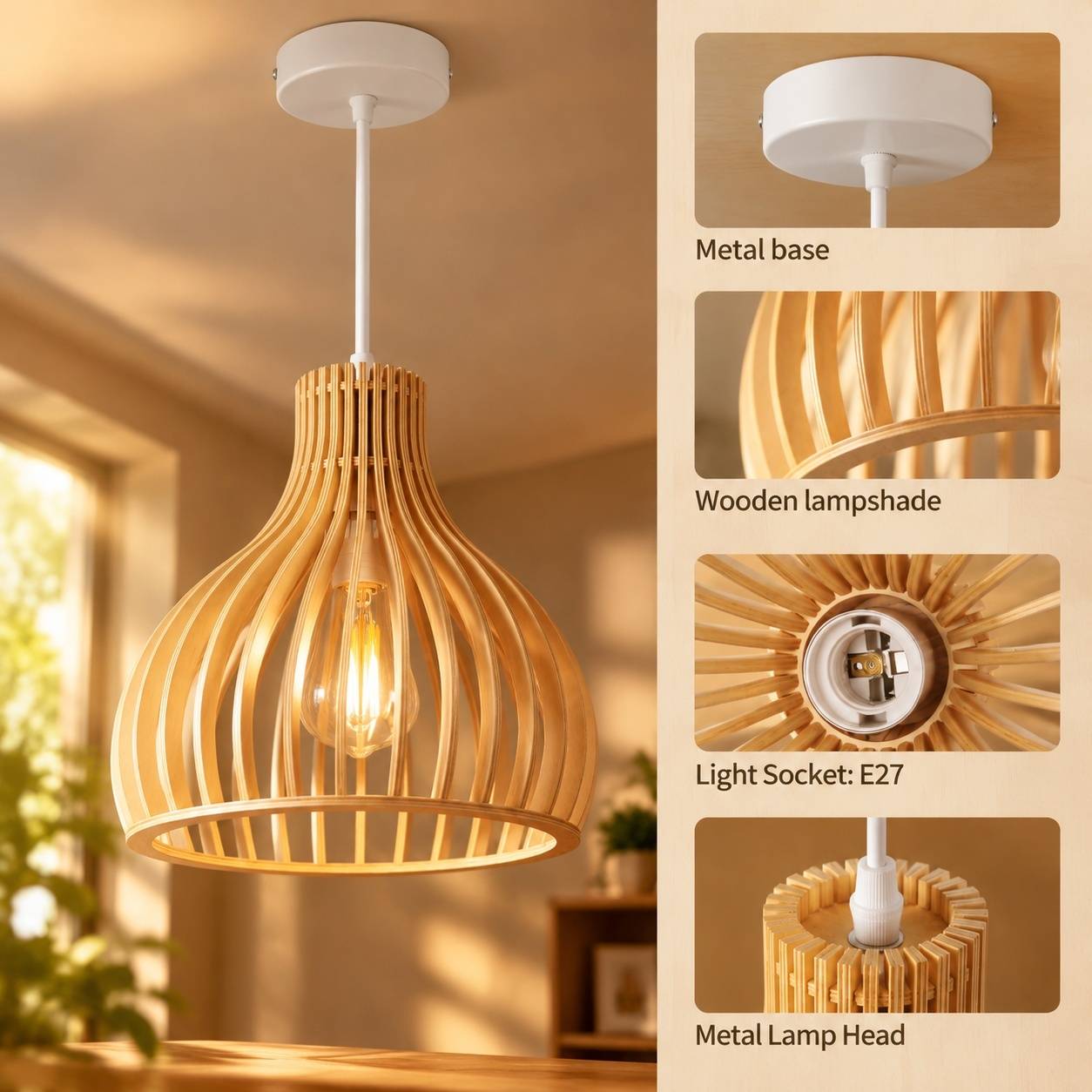 Suspension Luminaire Vintage Bois Artisanal Forme Cage Oiseau Réglable Blanc - Image 2