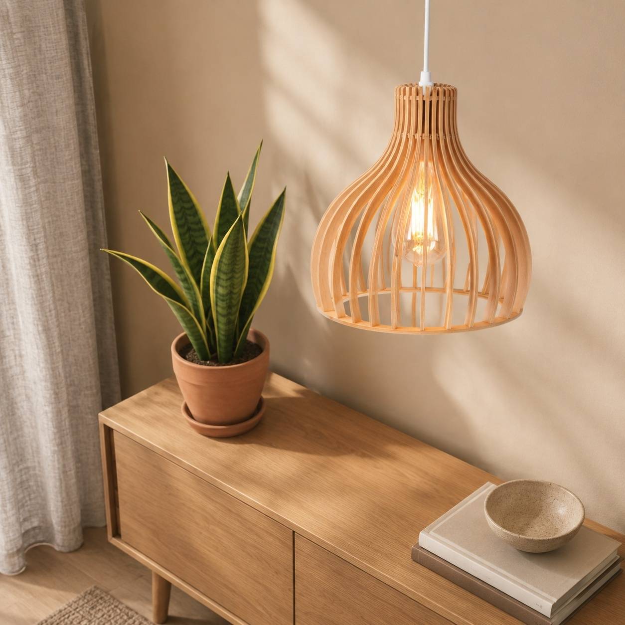 Suspension Luminaire Vintage Bois Artisanal Forme Cage Oiseau Réglable Blanc - Image 3