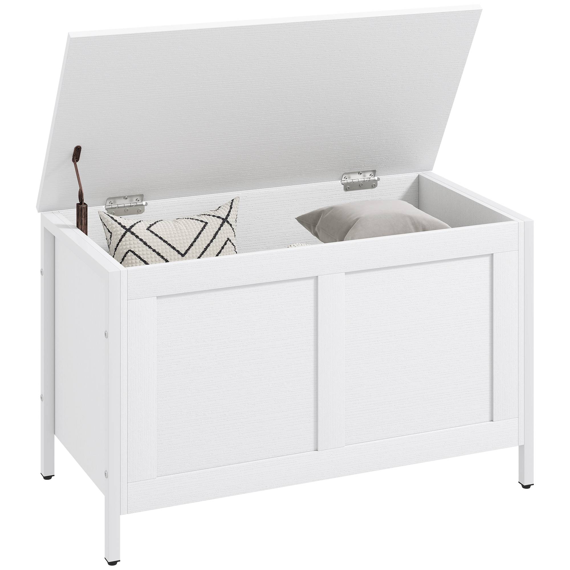 Coffre de rangement pour chambre 95 L avec couvercle, banc de rangement avec charnière de sécurité, 80 x 40 x 50 cm, aspect bois blanc - Image 1