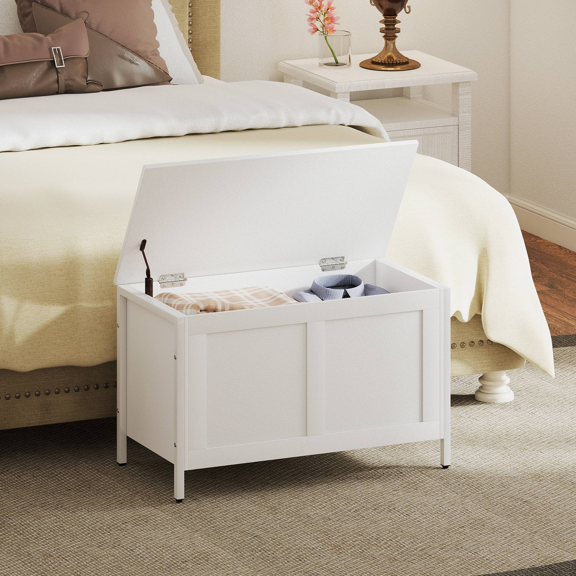 Coffre de rangement pour chambre 95 L avec couvercle, banc de rangement avec charnière de sécurité, 80 x 40 x 50 cm, aspect bois blanc - Image 4