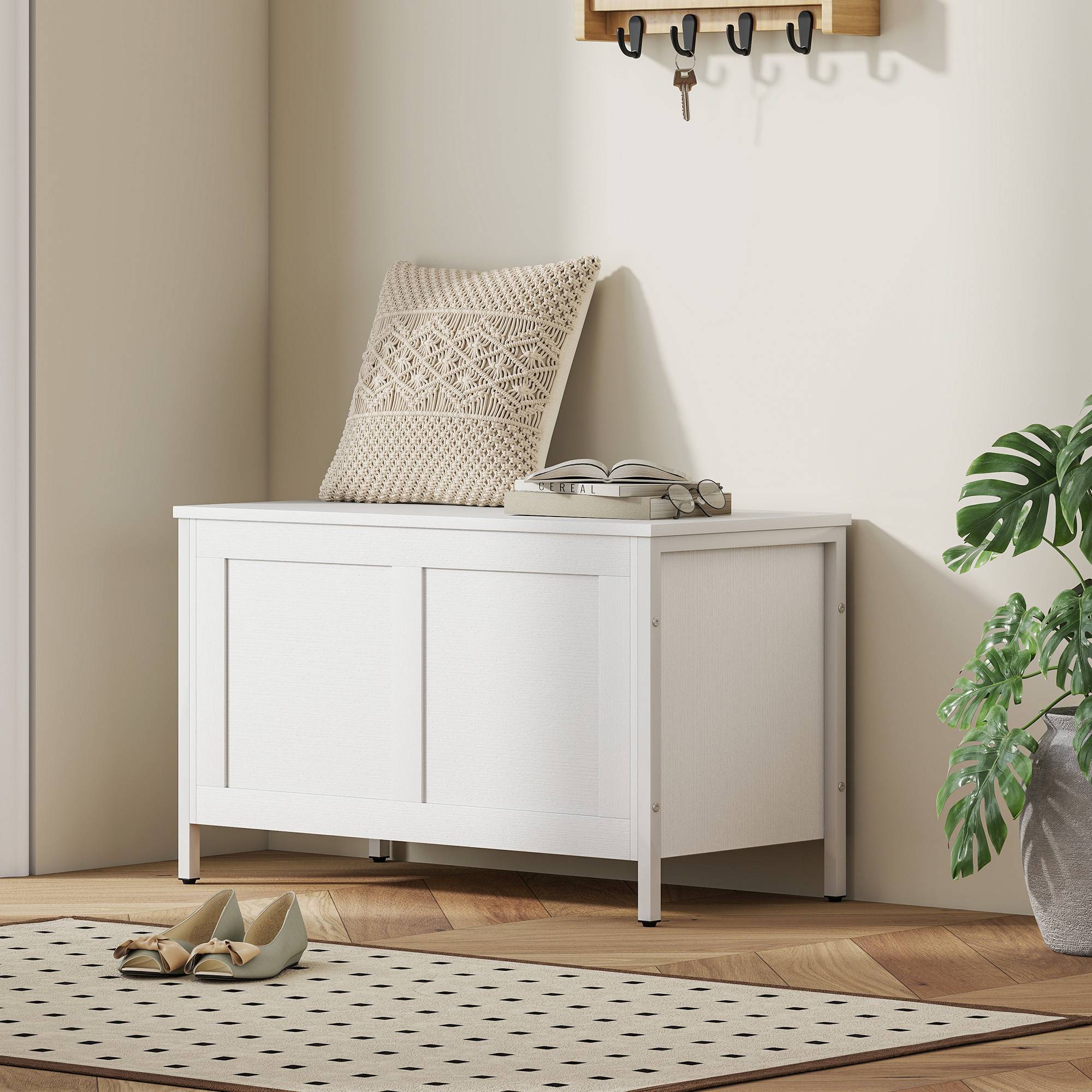 Coffre de rangement pour chambre 95 L avec couvercle, banc de rangement avec charnière de sécurité, 80 x 40 x 50 cm, aspect bois blanc - Image 3