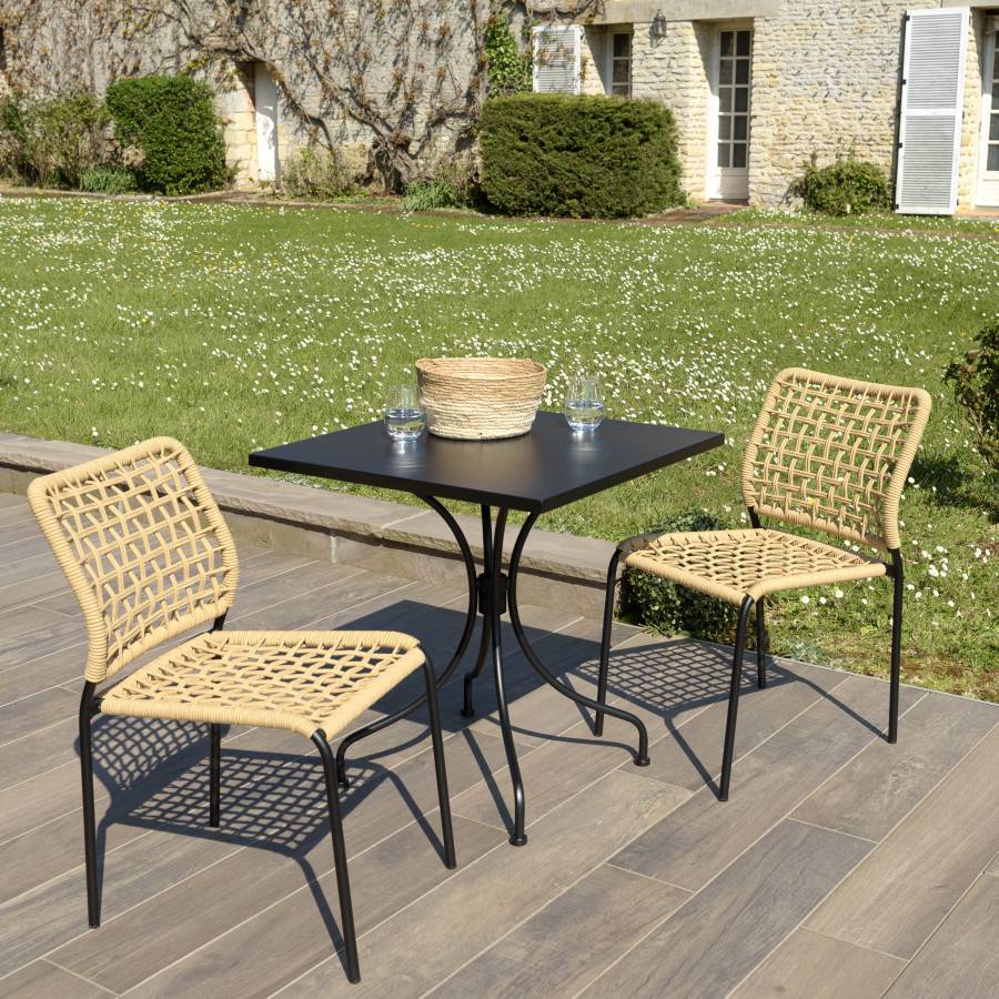 Macabane - VIANNEY - Salon de jardin 2 personnes en acier noir - 1 table carrée 70x70cm et 2 chaises en cordage tressé beige - Imagen 3