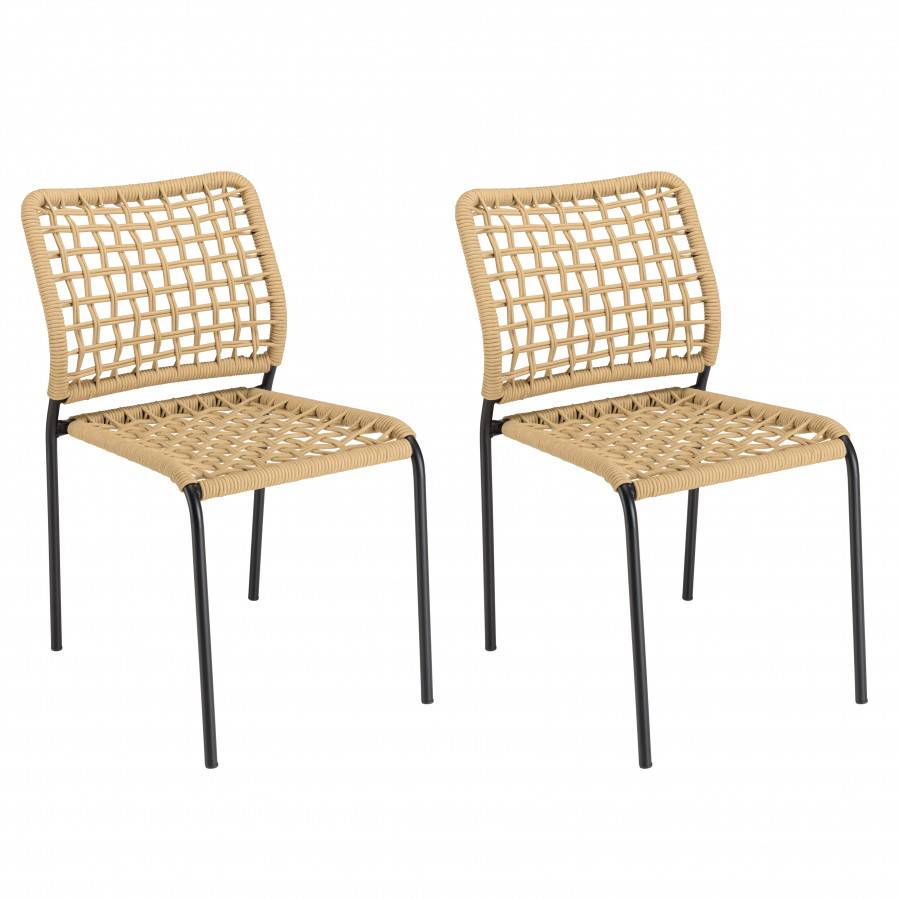 Macabane - VIANNEY - Salon de jardin 2 personnes en acier noir - 1 table carrée 70x70cm et 2 chaises en cordage tressé beige - Imagen 6