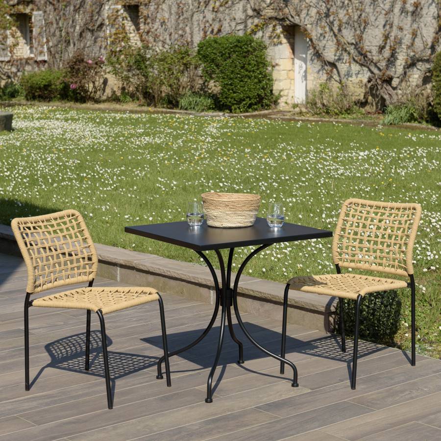Macabane - VIANNEY - Salon de jardin 2 personnes en acier noir - 1 table carrée 70x70cm et 2 chaises en cordage tressé beige - Imagen 2