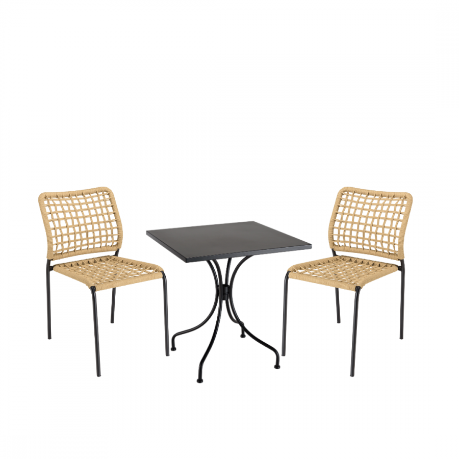 Macabane - VIANNEY - Salon de jardin 2 personnes en acier noir - 1 table carrée 70x70cm et 2 chaises en cordage tressé beige - Imagen 1