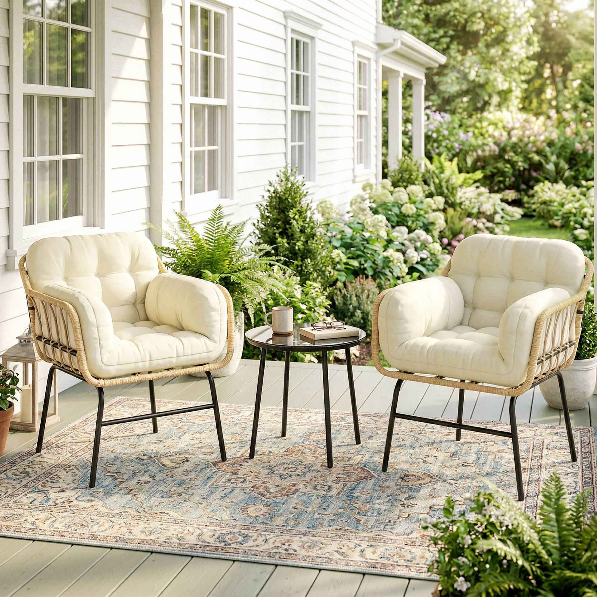 ComfortXL - Salon de Jardin Bistro Métal Résine Tressée Terrasse 2 Fauteuils Table Verre Kaki - ComfortXL Outdoor Living - Image 3