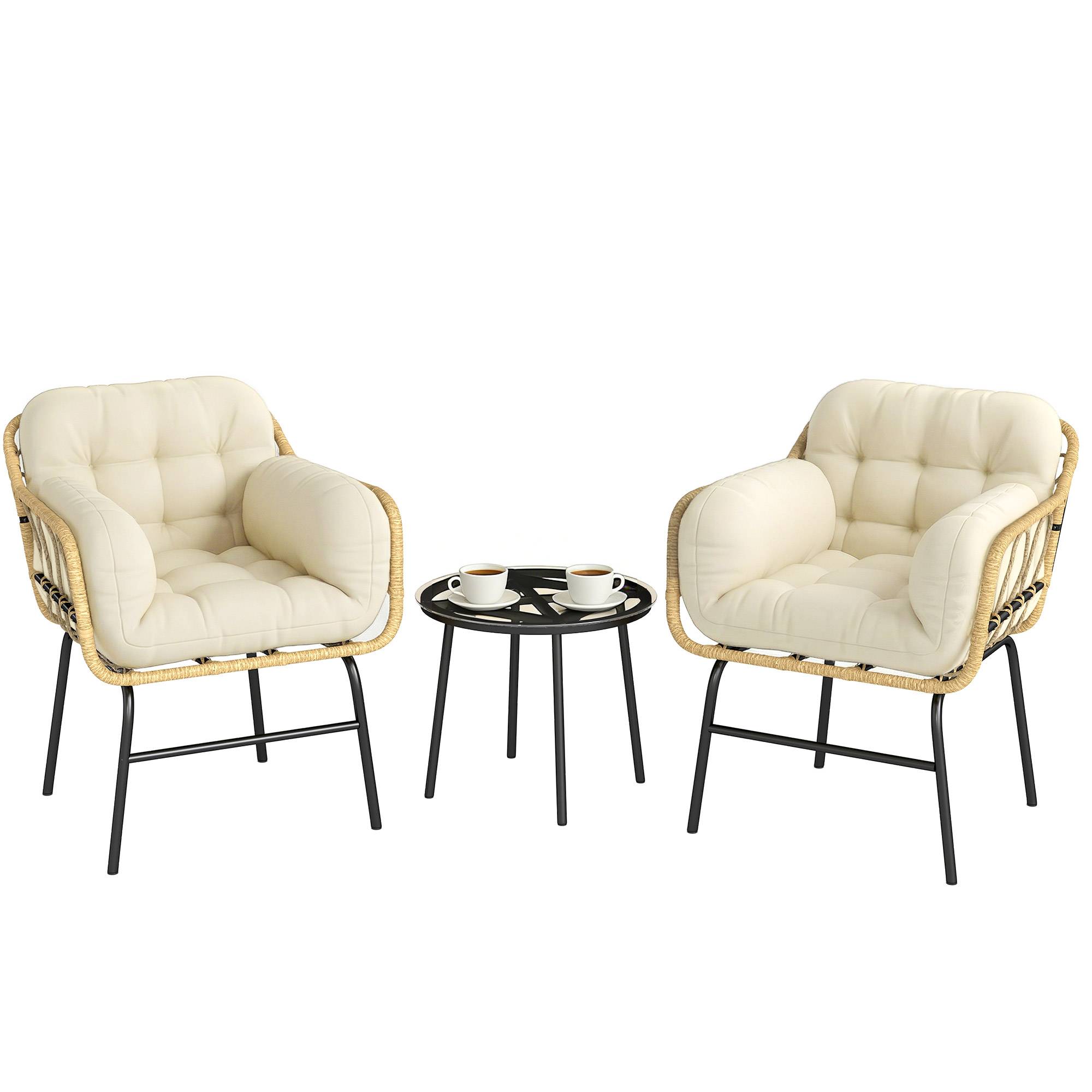 ComfortXL - Salon de Jardin Bistro Métal Résine Tressée Terrasse 2 Fauteuils Table Verre Kaki - ComfortXL Outdoor Living - Image 1