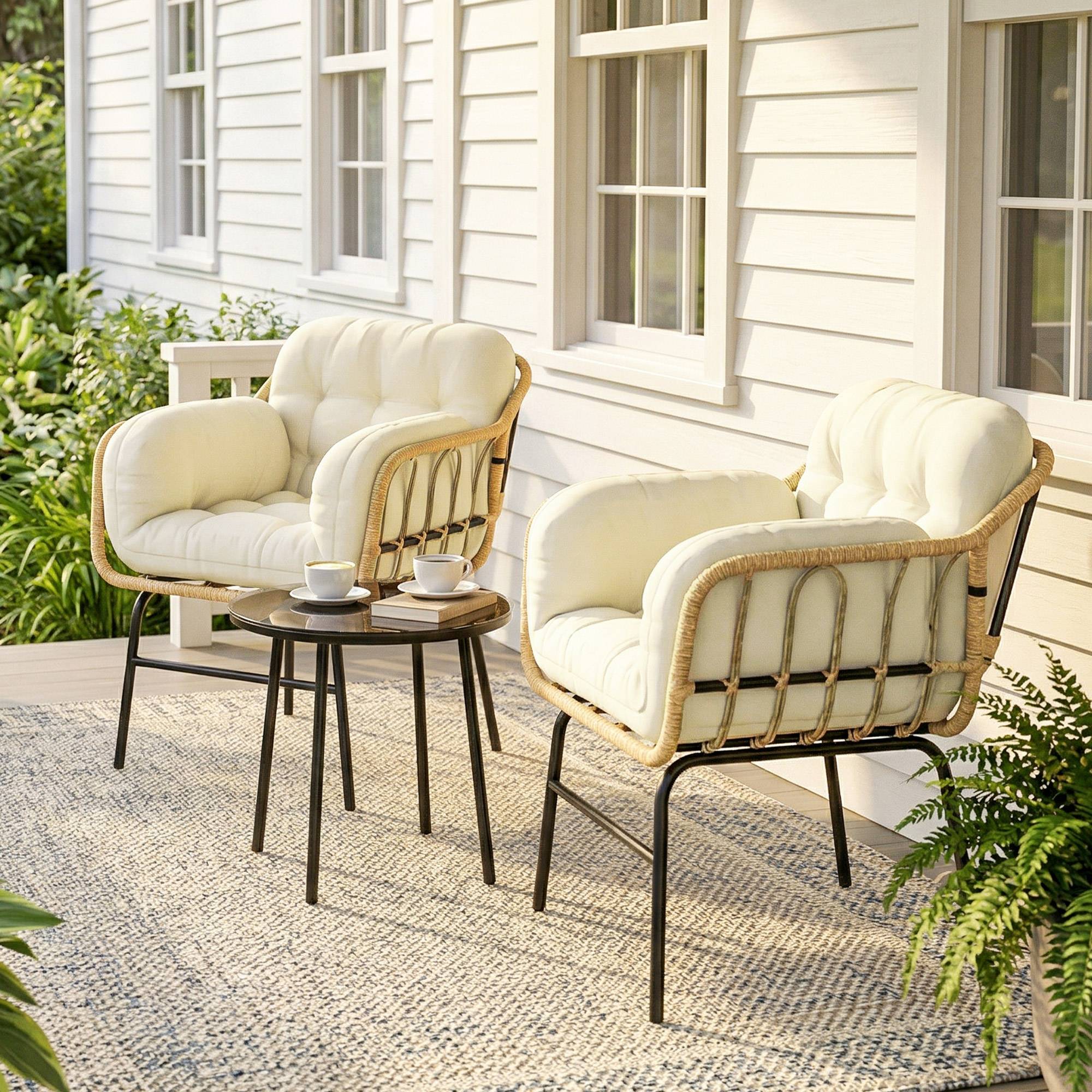 ComfortXL - Salon de Jardin Bistro Métal Résine Tressée Terrasse 2 Fauteuils Table Verre Kaki - ComfortXL Outdoor Living - Image 4