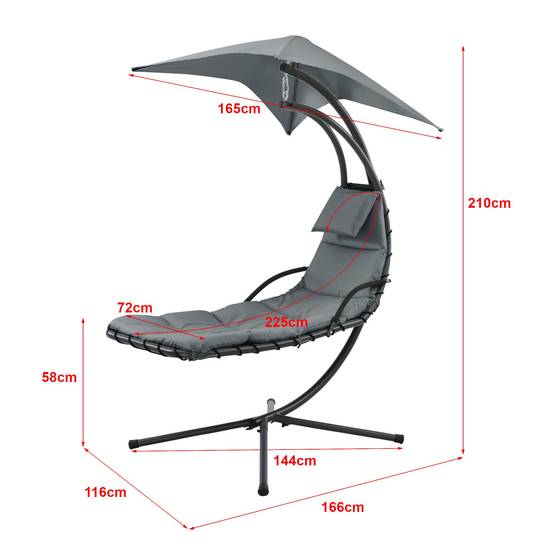 Bain de soleil chaise longue suspendu support sur pied 166 x 116 x 210 cm noir gris - Image 2