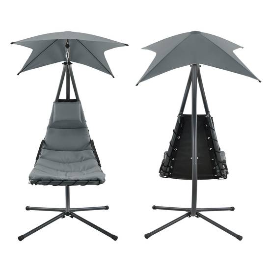 Bain de soleil chaise longue suspendu support sur pied 166 x 116 x 210 cm noir gris - Image 3