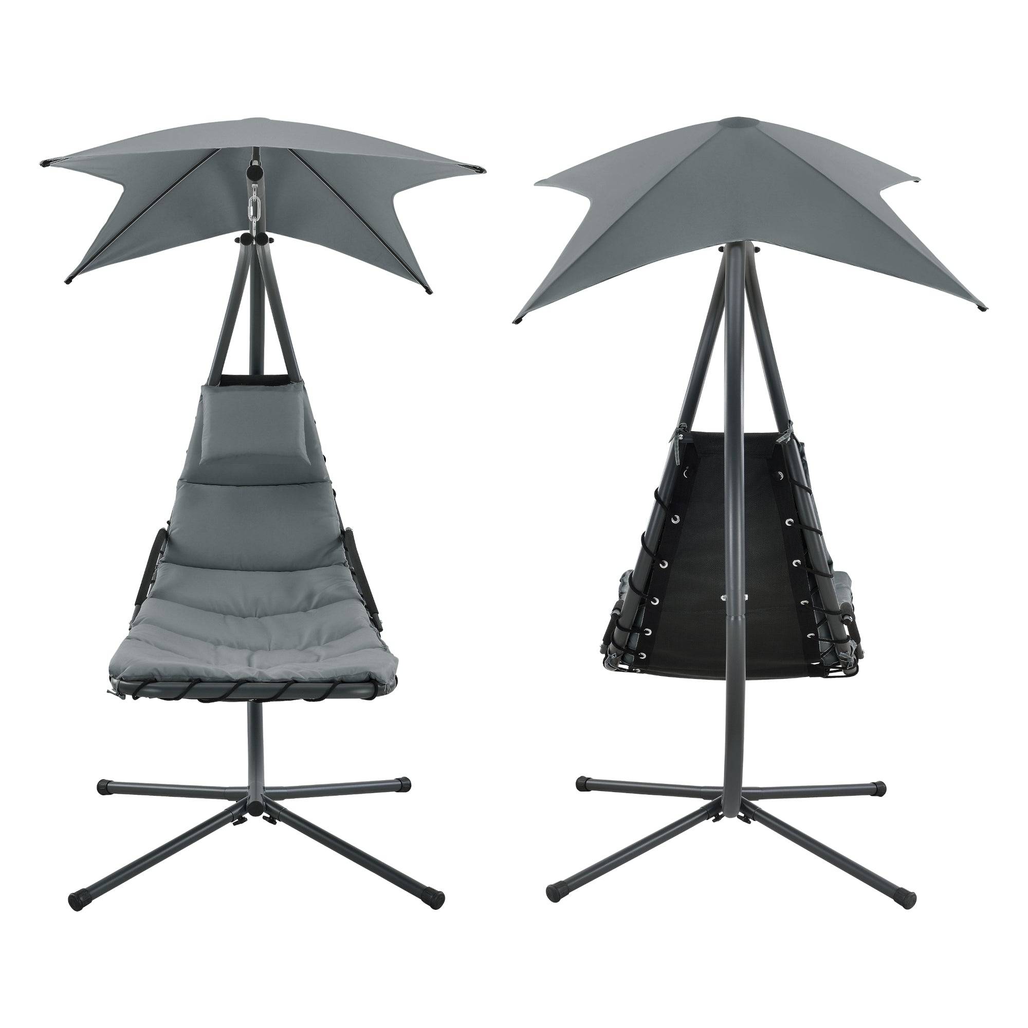 Bain de soleil chaise longue suspendu support sur pied 166 x 116 x 210 cm noir gris - Image 3