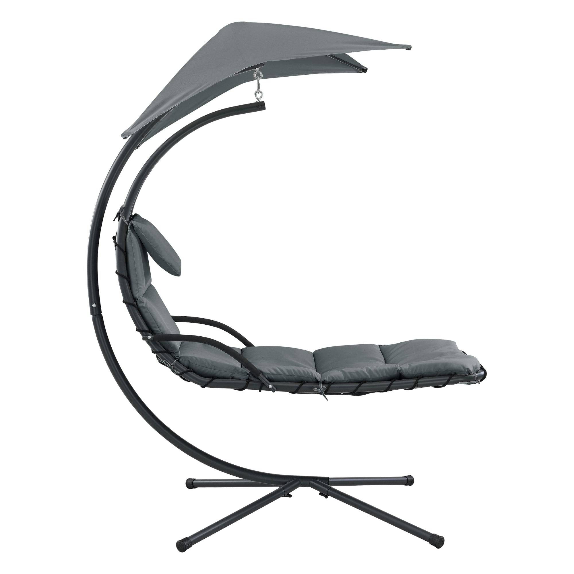 Bain de soleil chaise longue suspendu support sur pied 166 x 116 x 210 cm noir gris - Image 4
