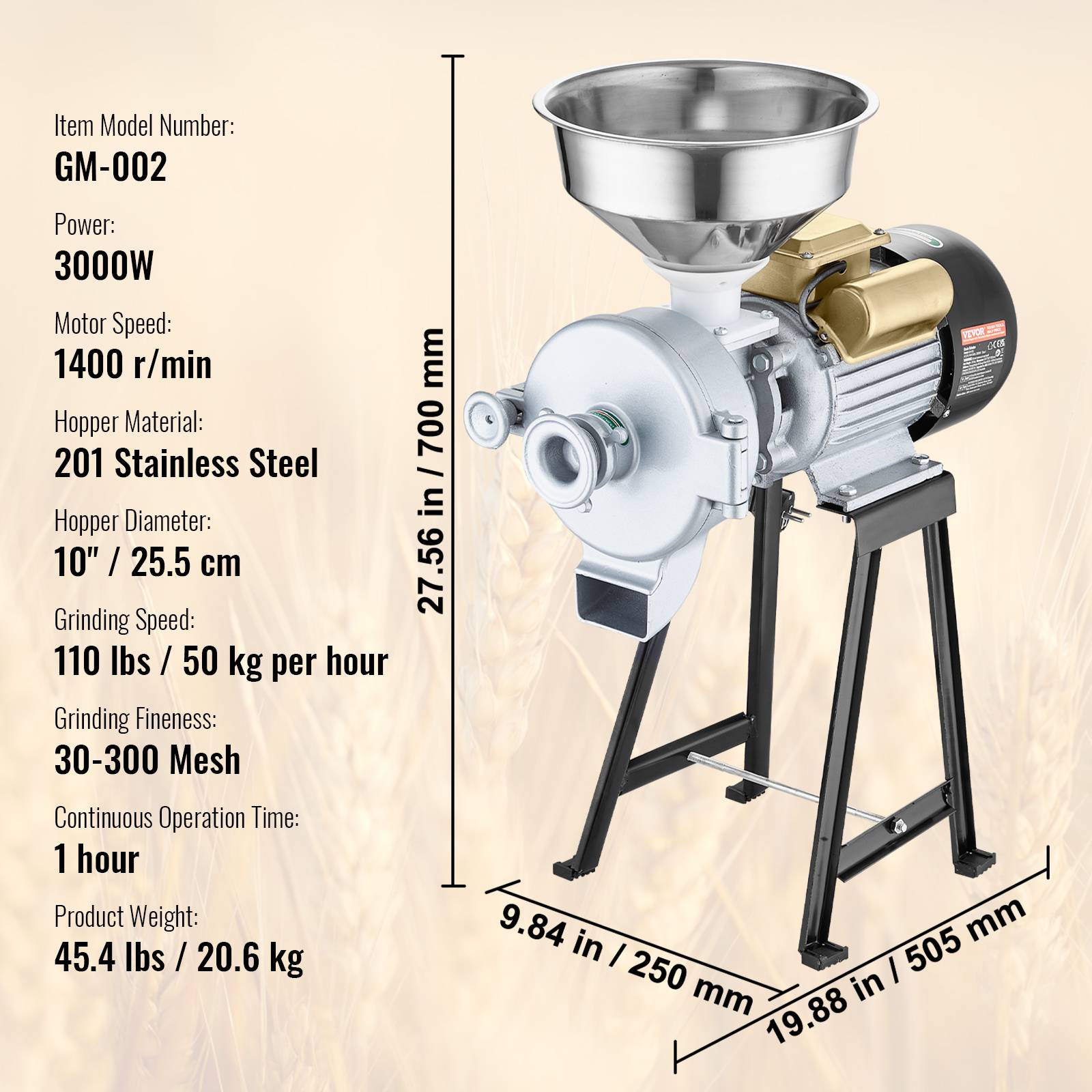 VEVOR Moulin à grains électrique 3000W, broyeur épices commercial sec/humide, réglable, inox. - Image 7