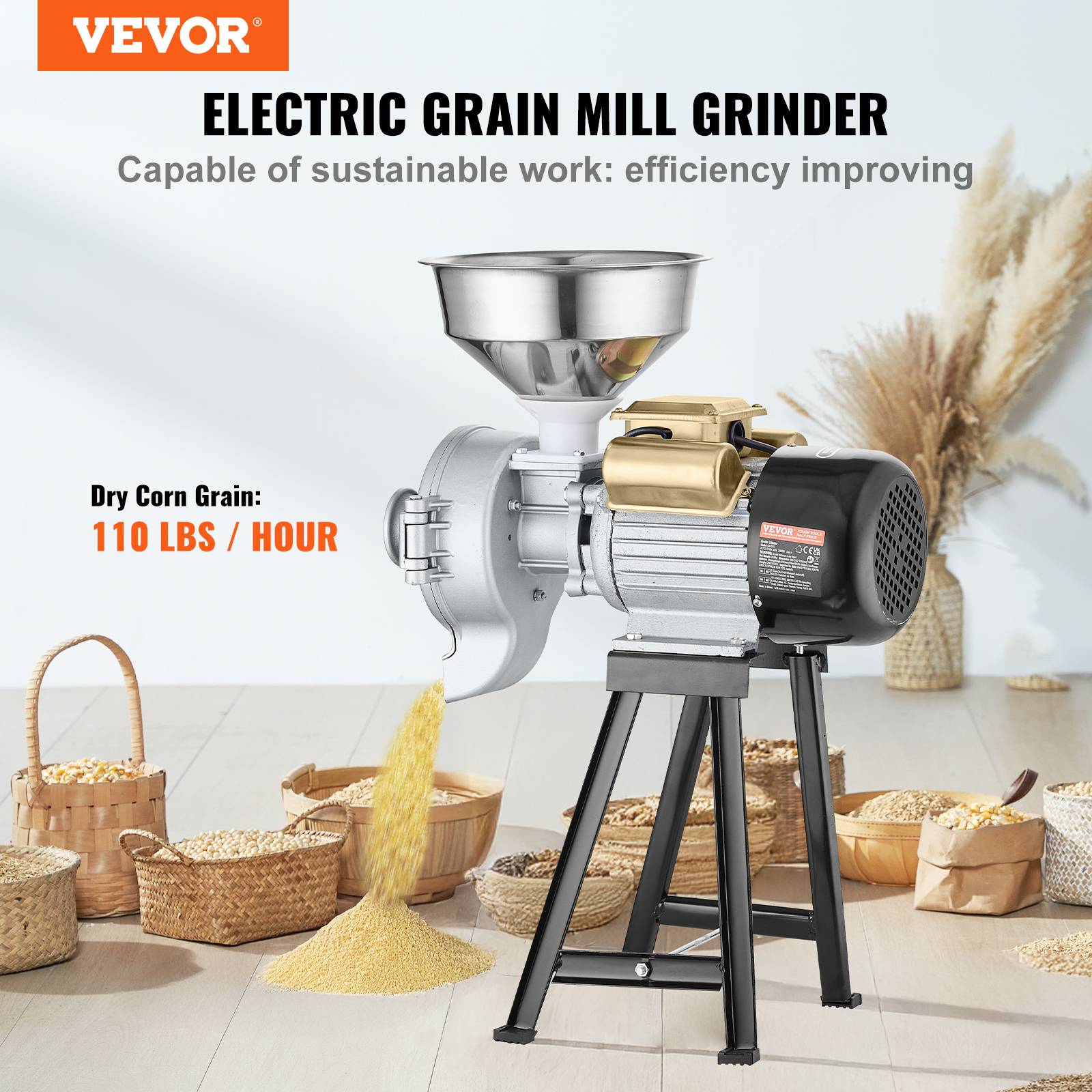 VEVOR Moulin à grains électrique 3000W, broyeur épices commercial sec/humide, réglable, inox. - Image 2