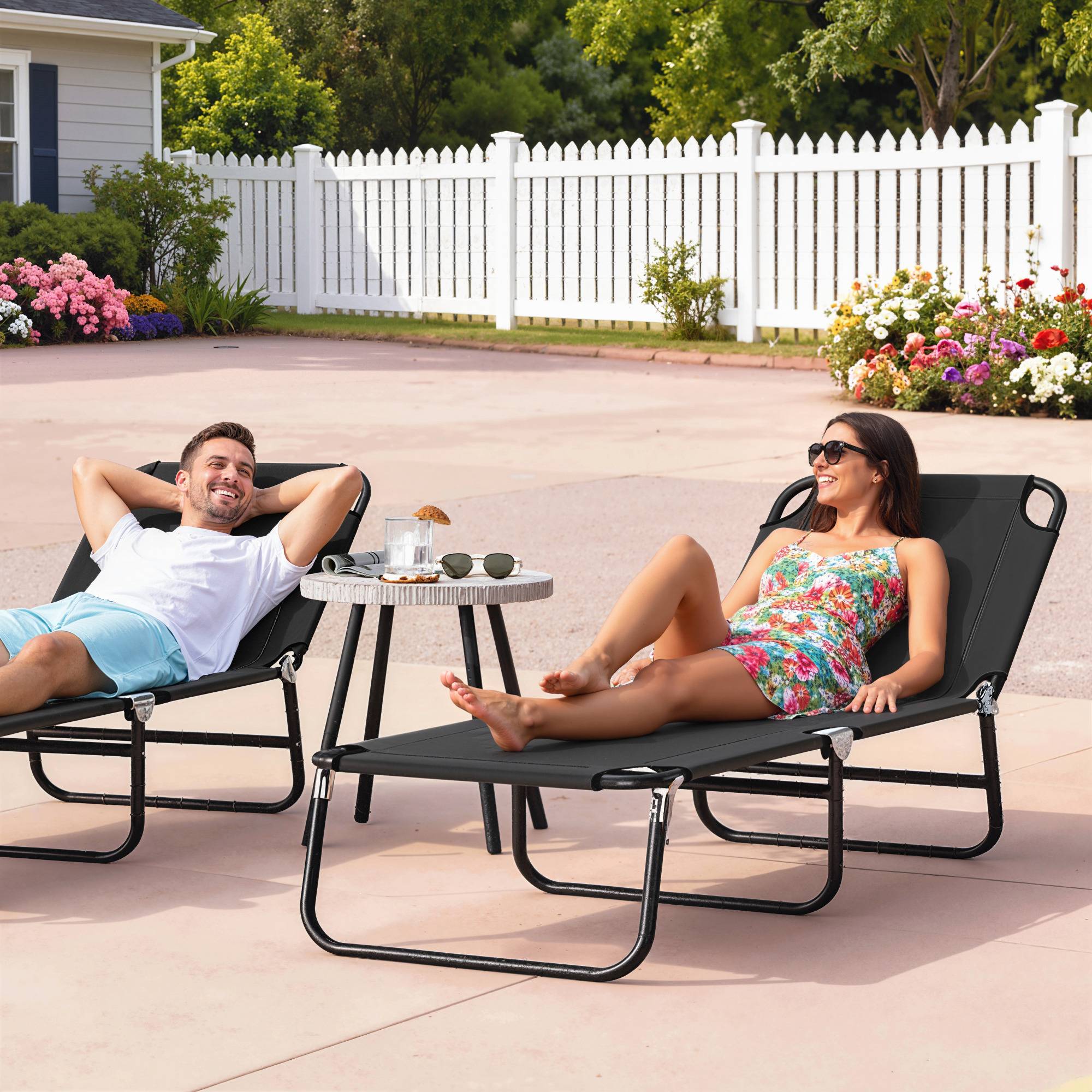 Chaise longue de jardin pliante avec dossier réglable, acier et tissu Oxford, 188 x 56 x 28 cm, noire - Image 4