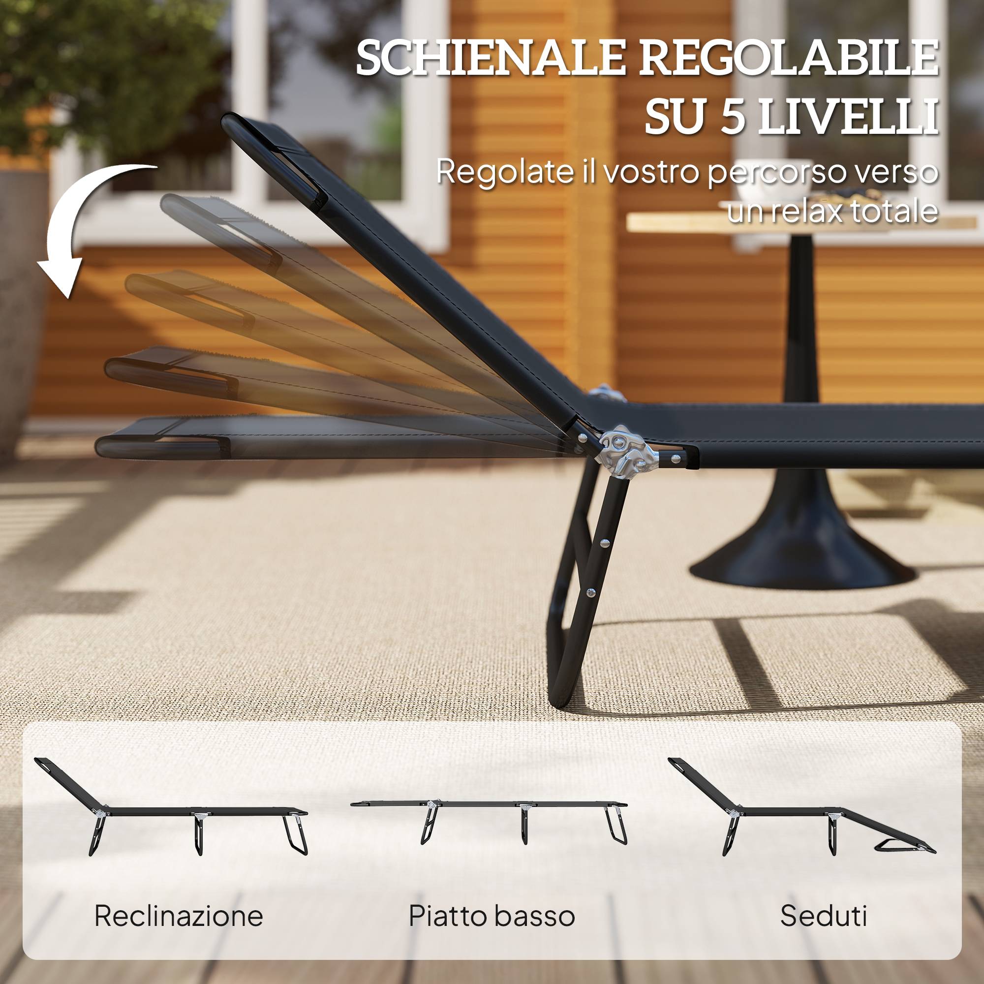 Chaise longue de jardin pliante avec dossier réglable, acier et tissu Oxford, 188 x 56 x 28 cm, noire - Image 6