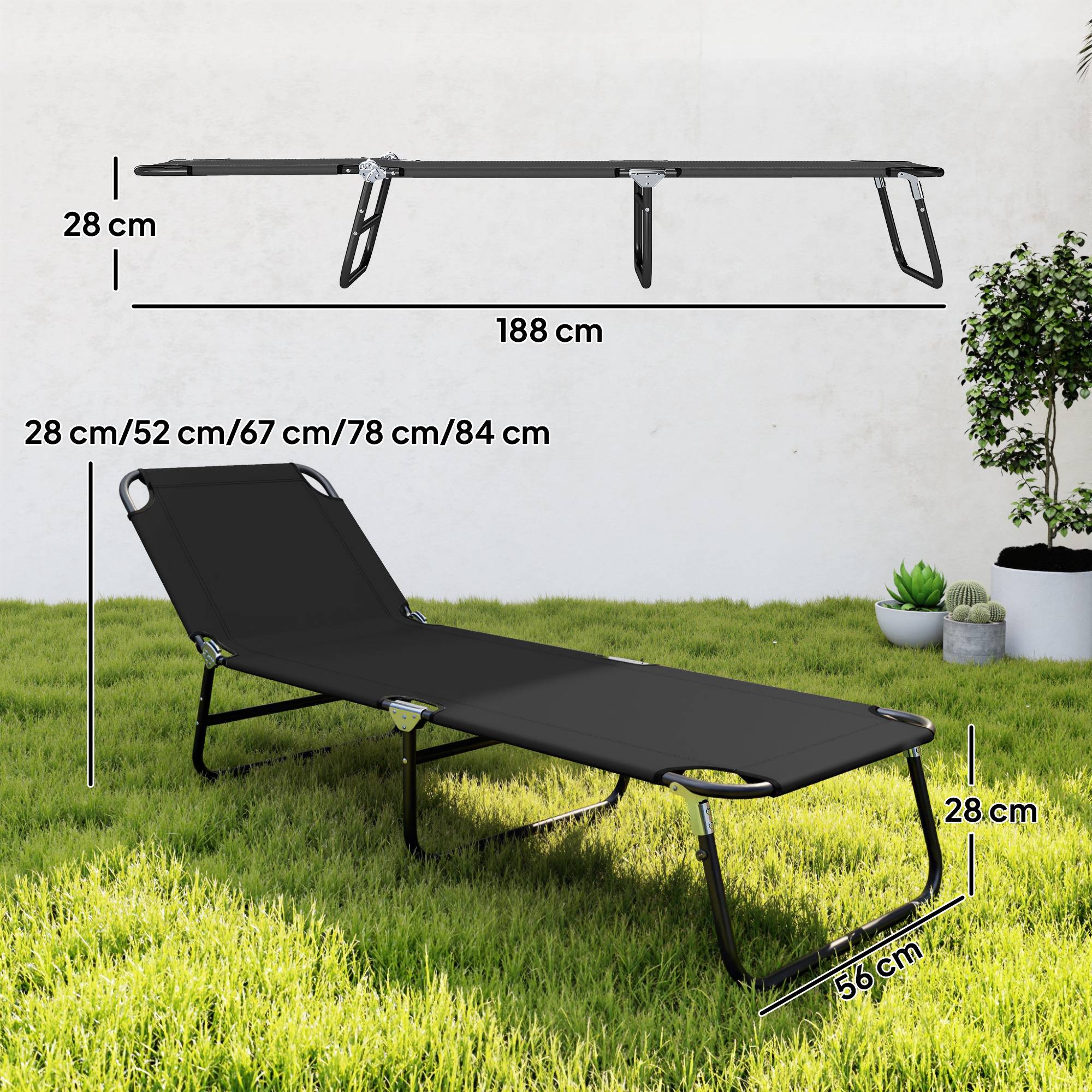 Chaise longue de jardin pliante avec dossier réglable, acier et tissu Oxford, 188 x 56 x 28 cm, noire - Image 5