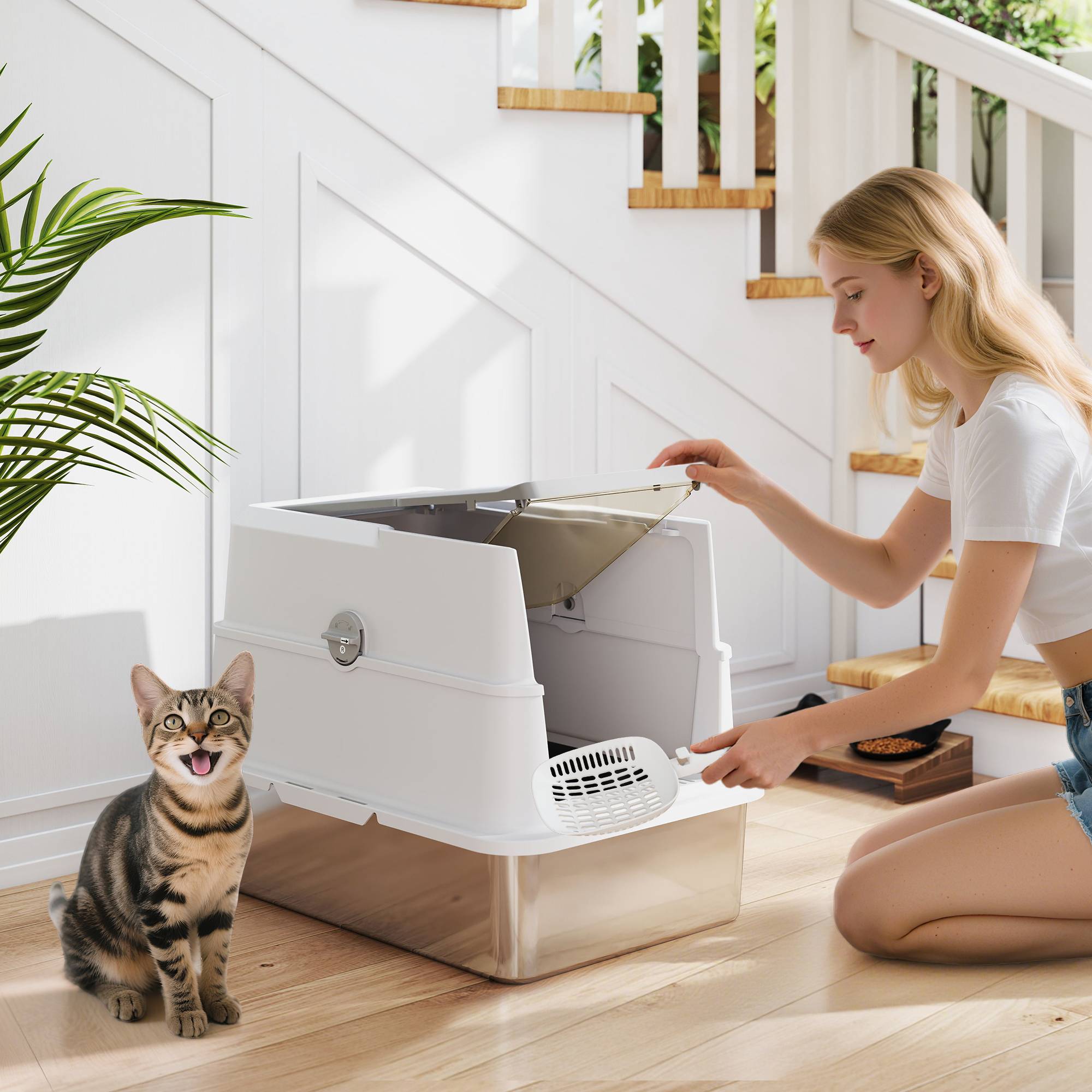Litière chat acier inoxydable XL fermée couvercle rabattable bord haut pelle antifuite gris clair - Image 3